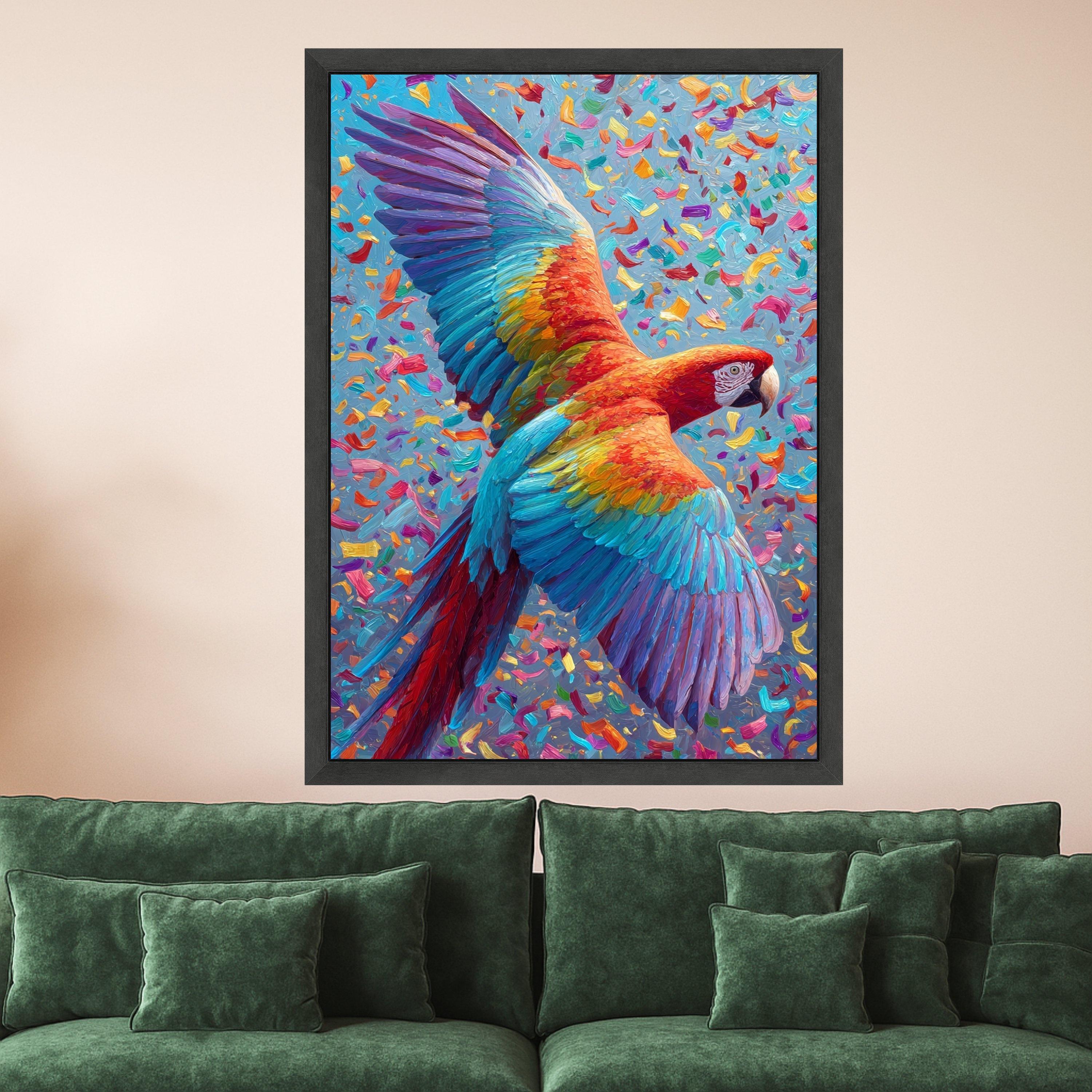 Vibrant Macaw in Flight Canvas, Colorful Tropical Bird Wall Art, Exotic Wildlife Decoration, Bright Nature Scene Canvas