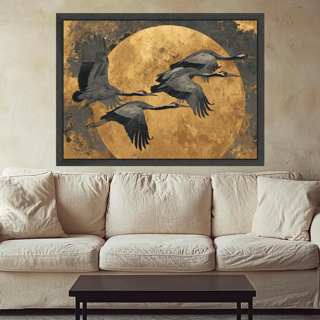 Flying Cranes Canvas Wall Art, Golden Moon Background, Elegant Bird Illustration, Contemporary Nature Canvas, Home Decor Wall Design