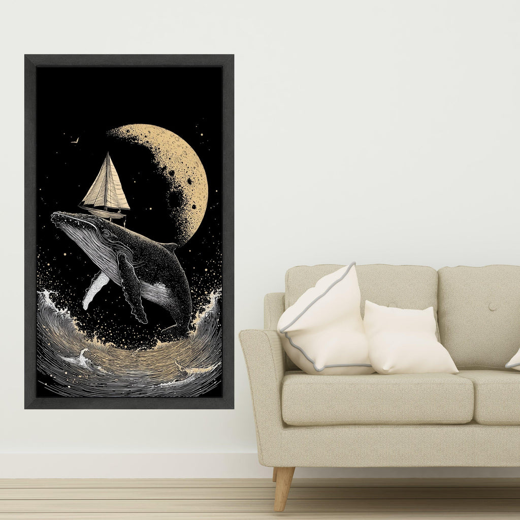 Surreal Whale with Sailboat Canvas, Moonlit Ocean Scene, Nautical Wall Art, Night Sea Adventure Canvas, Fantasy Marine Decor