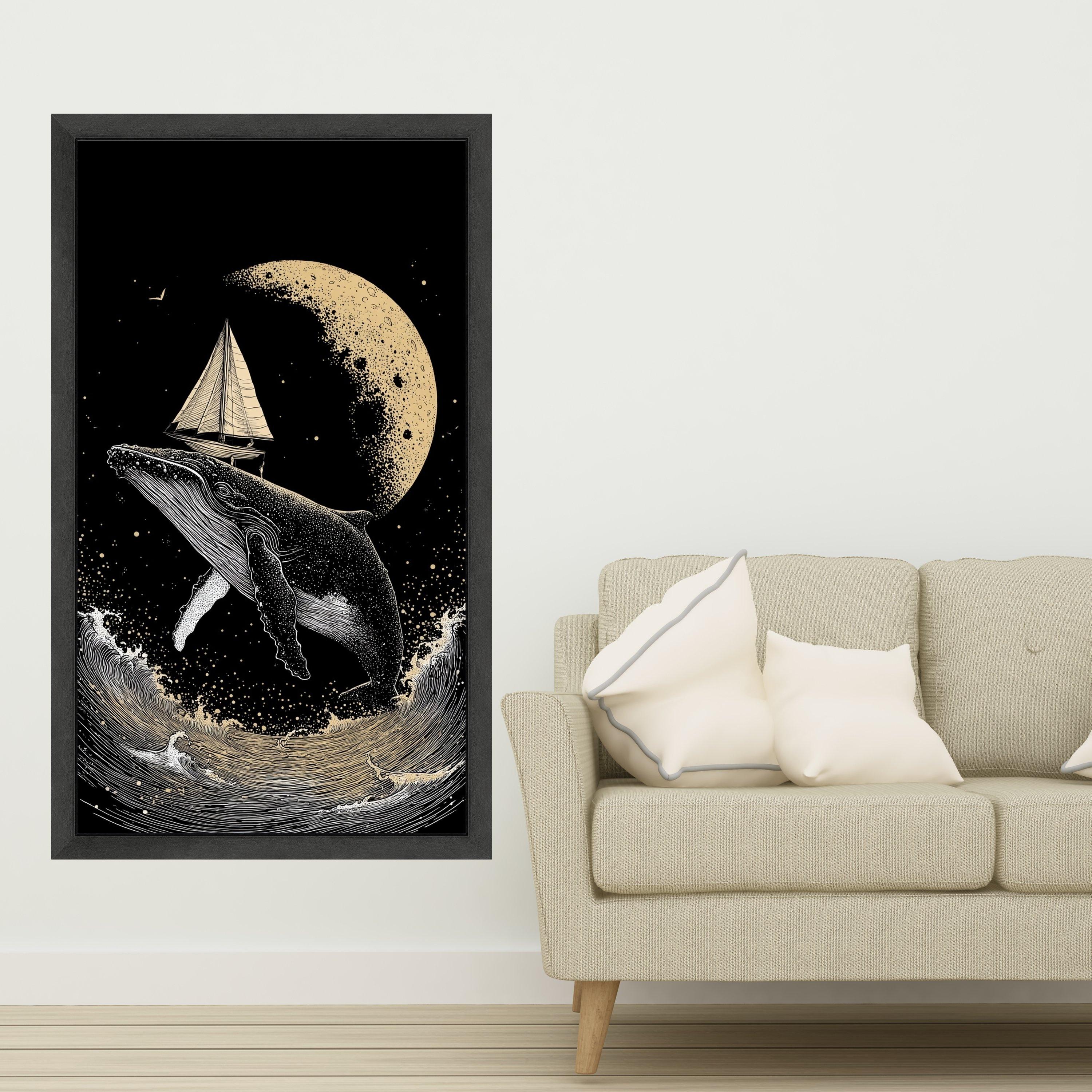 Surreal Whale with Sailboat Canvas, Moonlit Ocean Scene, Nautical Wall Art, Night Sea Adventure Canvas, Fantasy Marine Decor