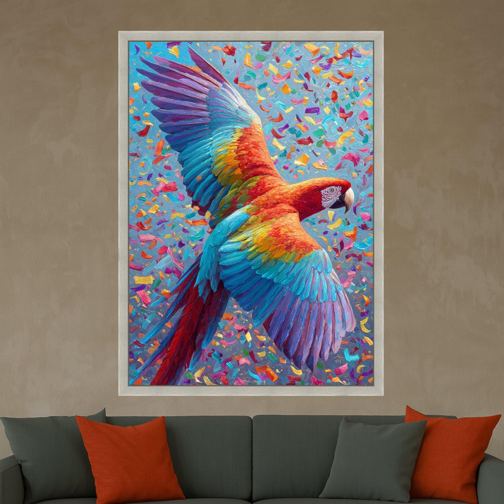 Vibrant Macaw in Flight Canvas, Colorful Tropical Bird Wall Art, Exotic Wildlife Decoration, Bright Nature Scene Canvas