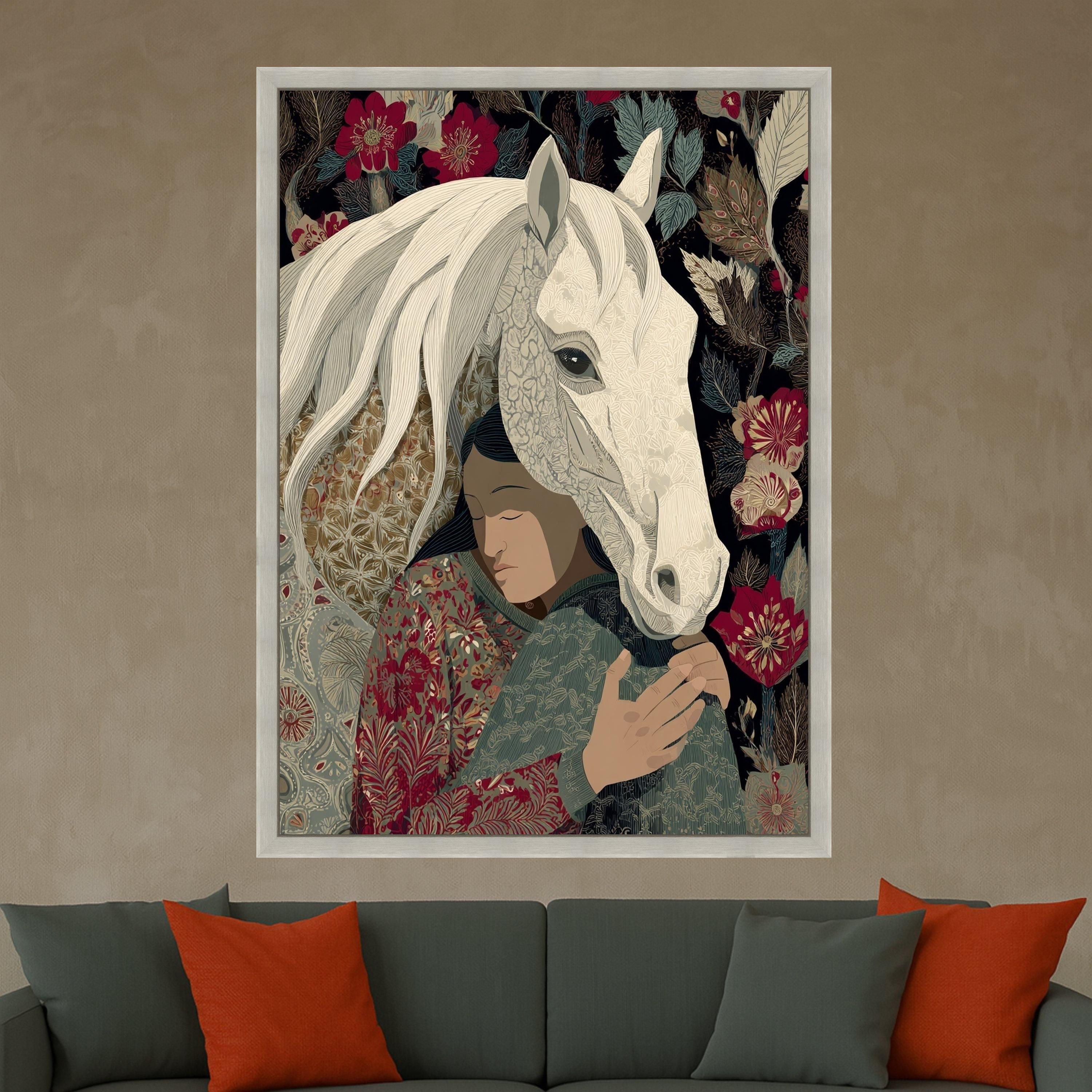 Embrace of Serenity Canvas, Woman with White Horse Wall Art, Floral Patterned Home Decoration, Boho Style Canvas, Calm Nature Scene