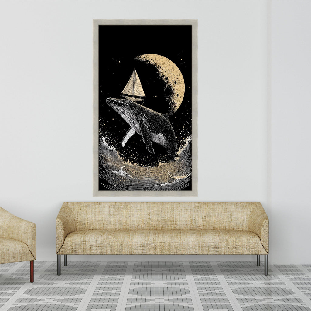 Surreal Whale with Sailboat Canvas, Moonlit Ocean Scene, Nautical Wall Art, Night Sea Adventure Canvas, Fantasy Marine Decor