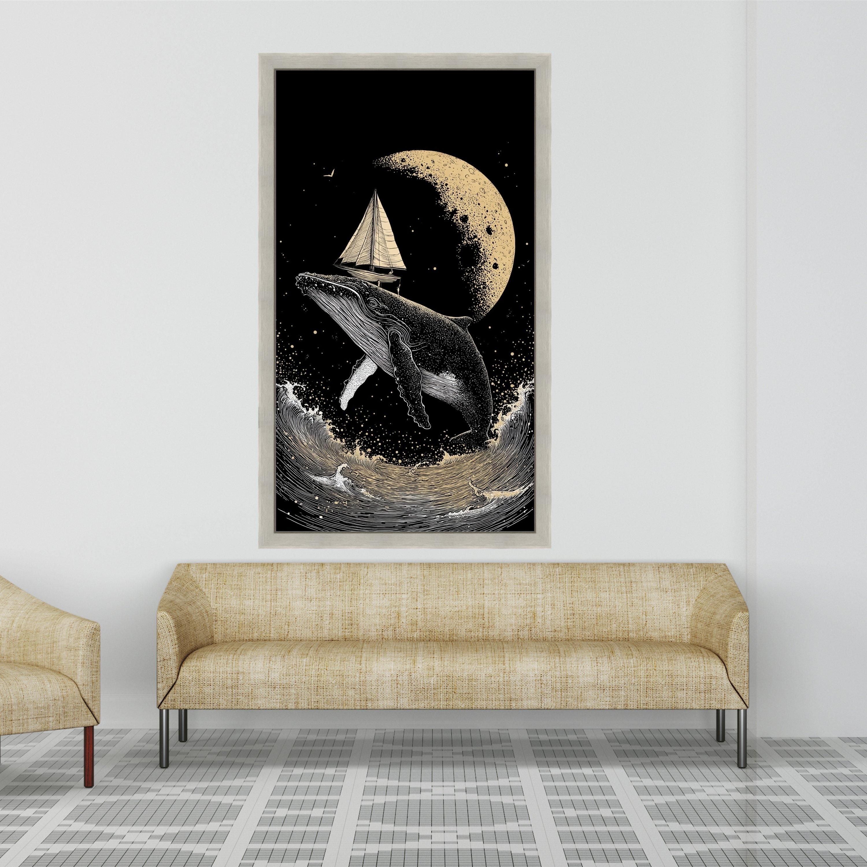Surreal Whale with Sailboat Canvas, Moonlit Ocean Scene, Nautical Wall Art, Night Sea Adventure Canvas, Fantasy Marine Decor