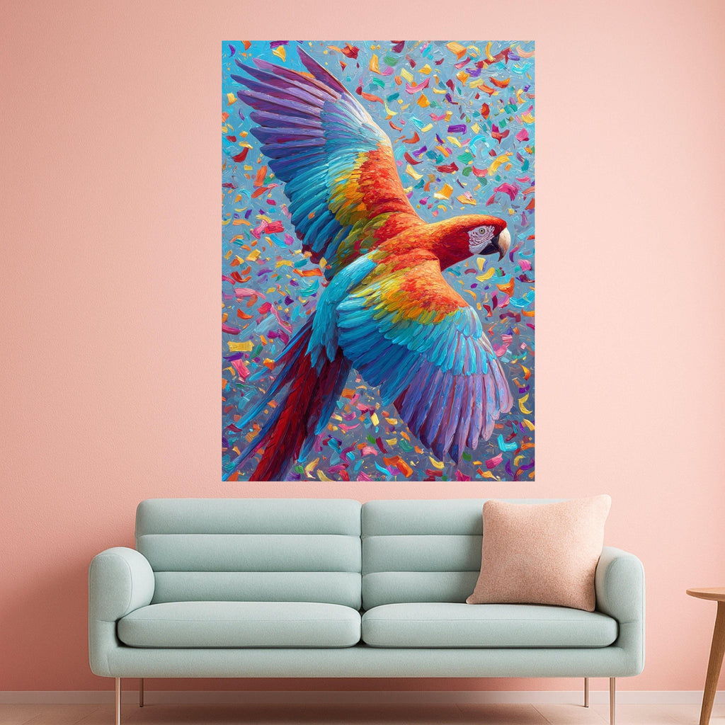 Vibrant Macaw in Flight Canvas, Colorful Tropical Bird Wall Art, Exotic Wildlife Decoration, Bright Nature Scene Canvas