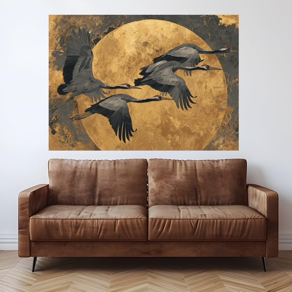 Flying Cranes Canvas Wall Art, Golden Moon Background, Elegant Bird Illustration, Contemporary Nature Canvas, Home Decor Wall Design