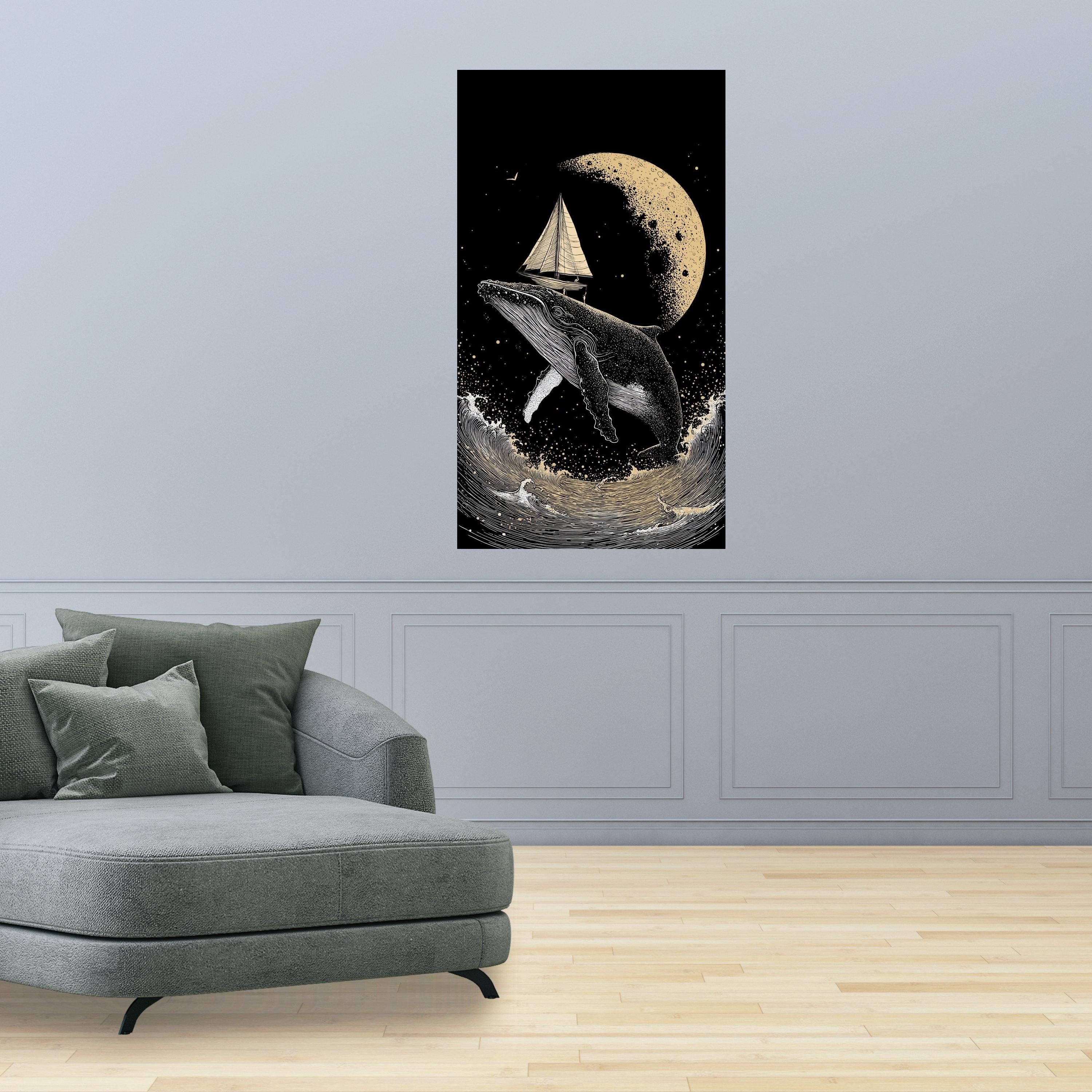 Surreal Whale with Sailboat Canvas, Moonlit Ocean Scene, Nautical Wall Art, Night Sea Adventure Canvas, Fantasy Marine Decor