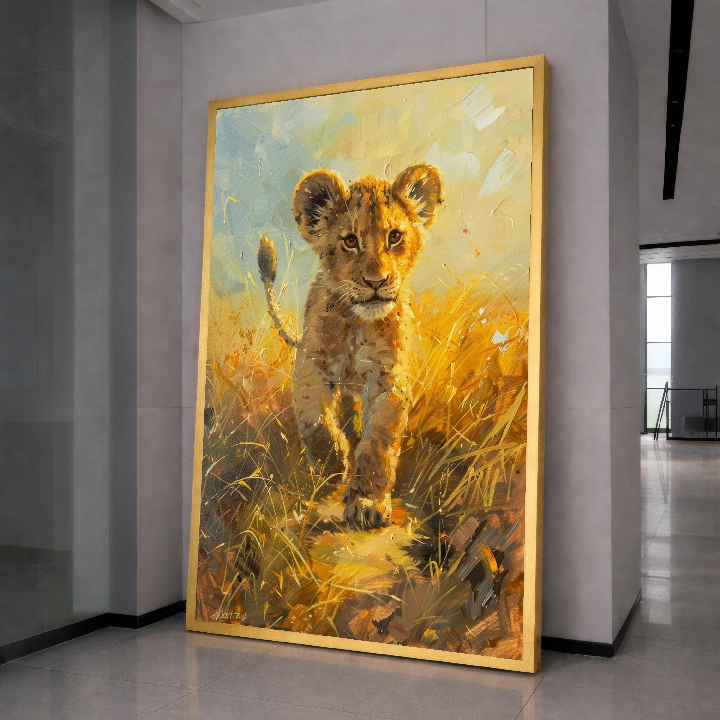 Curious Lion Cub Canvas Wall Art, Wildlife Animal Painting, Safari Nursery Decor, African Nature Canvas, Kids Room Wall Hanging
