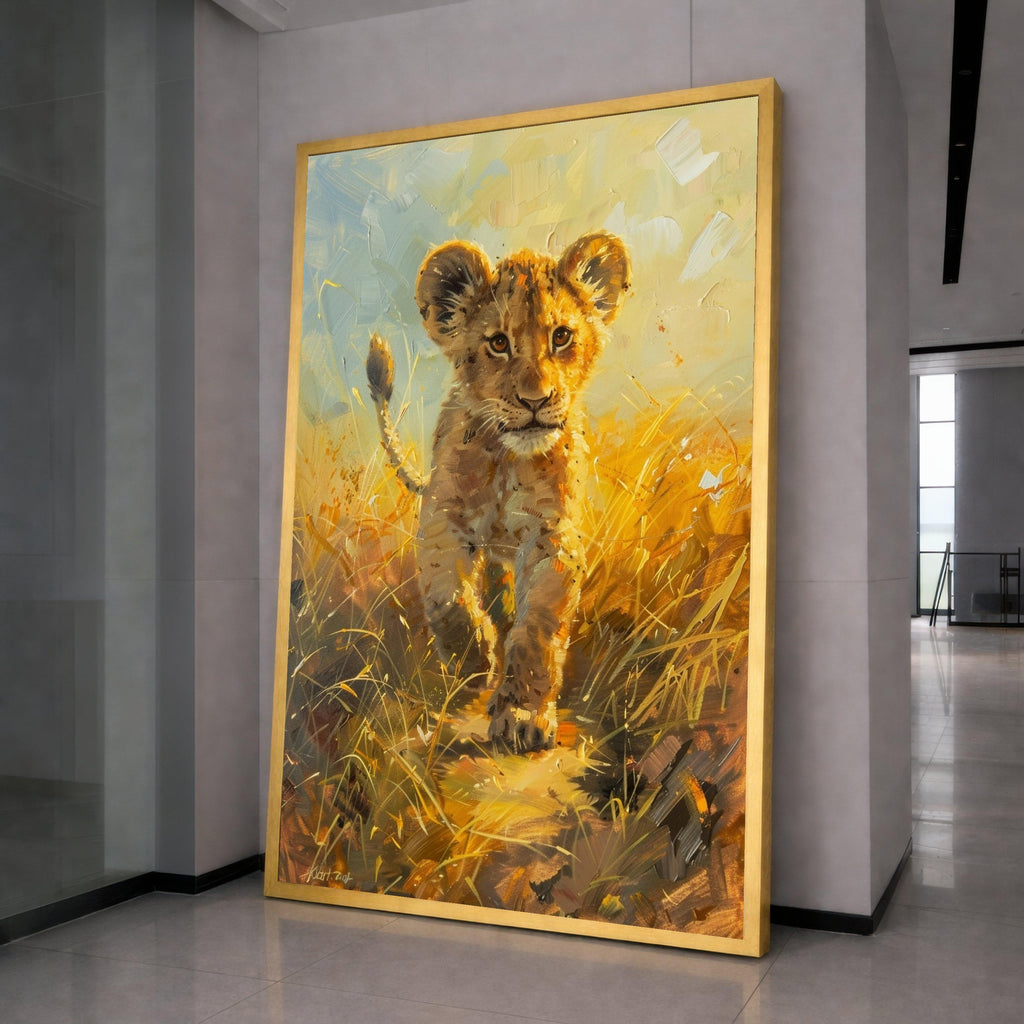 Curious Lion Cub Canvas Wall Art, Wildlife Animal Painting, Safari Nursery Decor, African Nature Canvas, Kids Room Wall Hanging