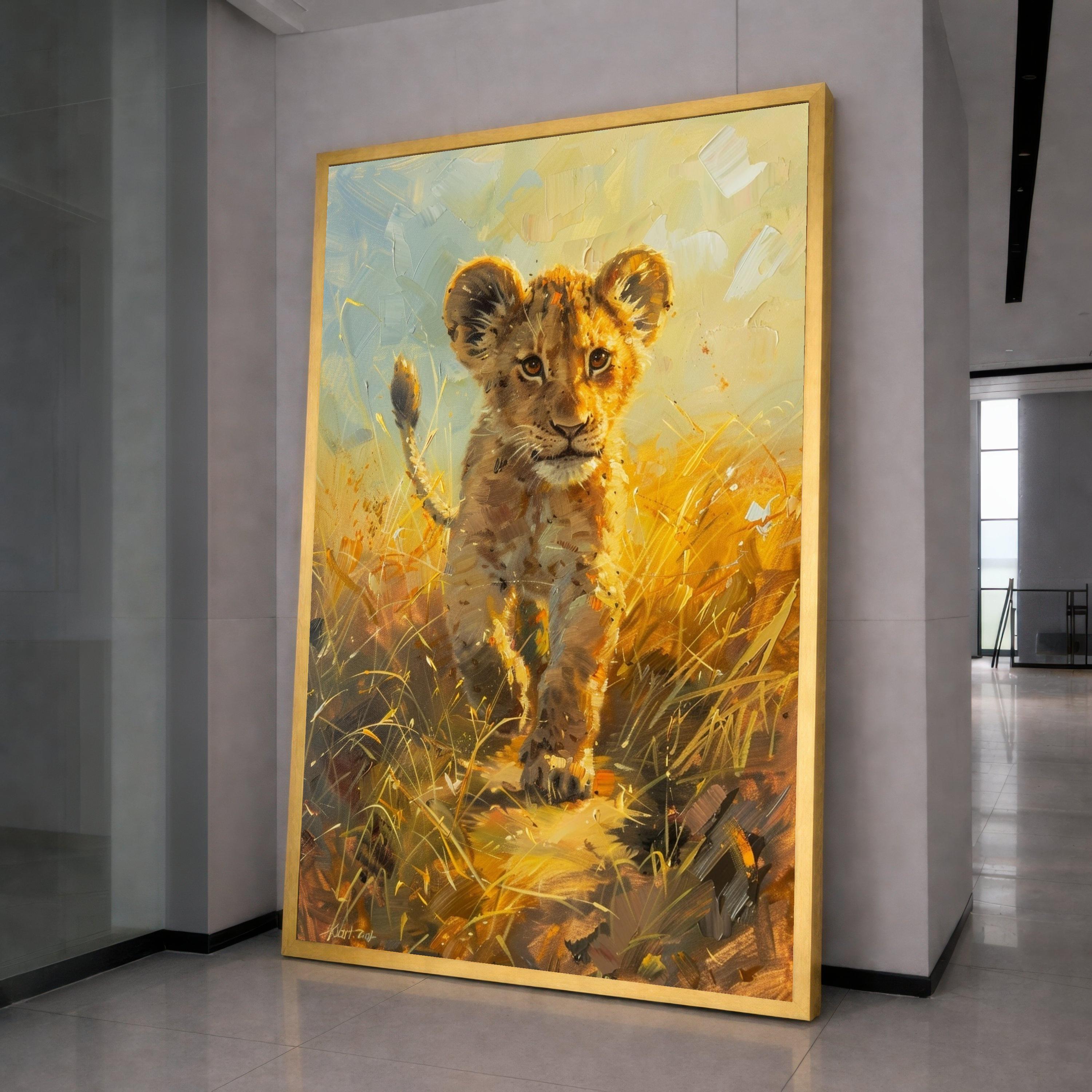 Curious Lion Cub Canvas Wall Art, Wildlife Animal Painting, Safari Nursery Decor, African Nature Canvas, Kids Room Wall Hanging