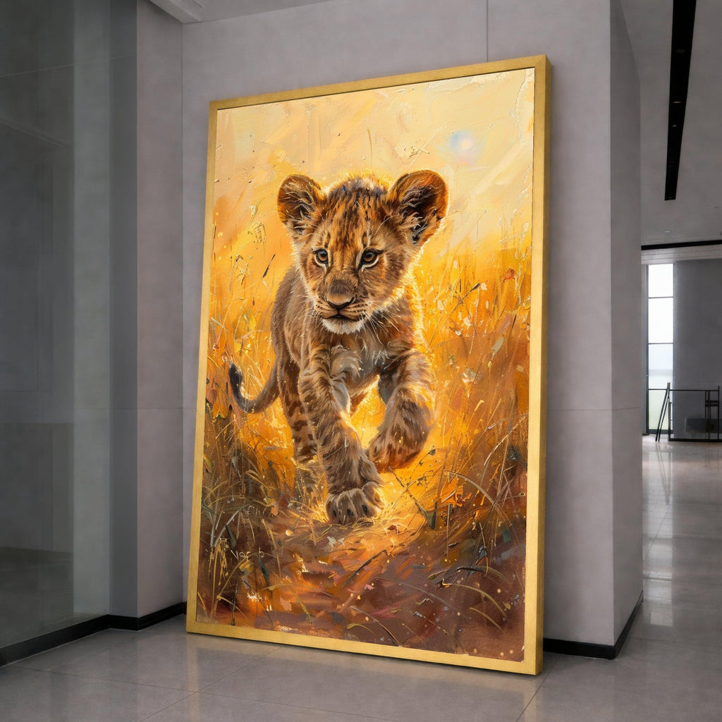 Playful Lion Cub Canvas, Wild Animal Portrait, Safari Nursery Wall Art, Golden Sunset Animal Canvas, Kids Room Decoration