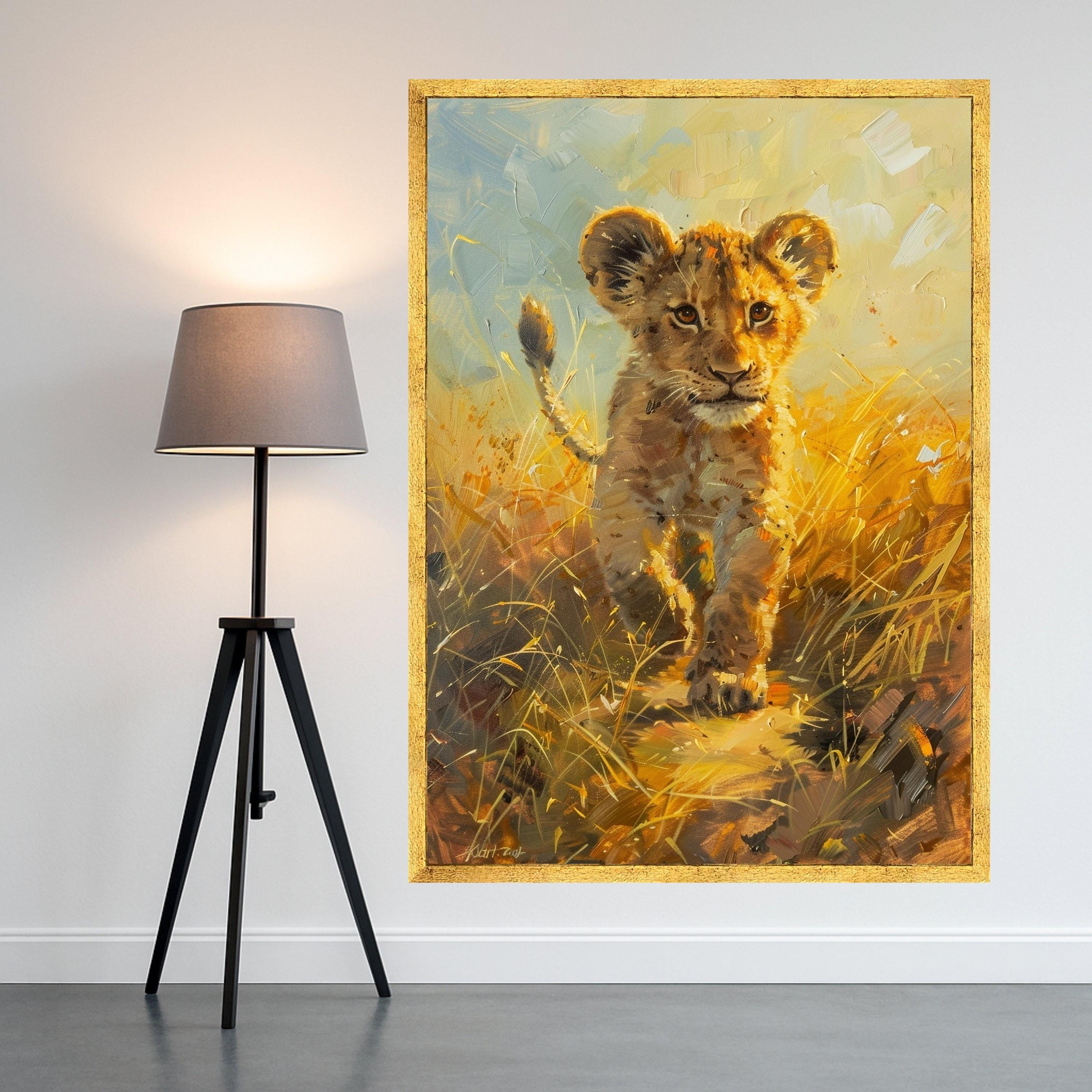 Curious Lion Cub Canvas Wall Art, Wildlife Animal Painting, Safari Nursery Decor, African Nature Canvas, Kids Room Wall Hanging