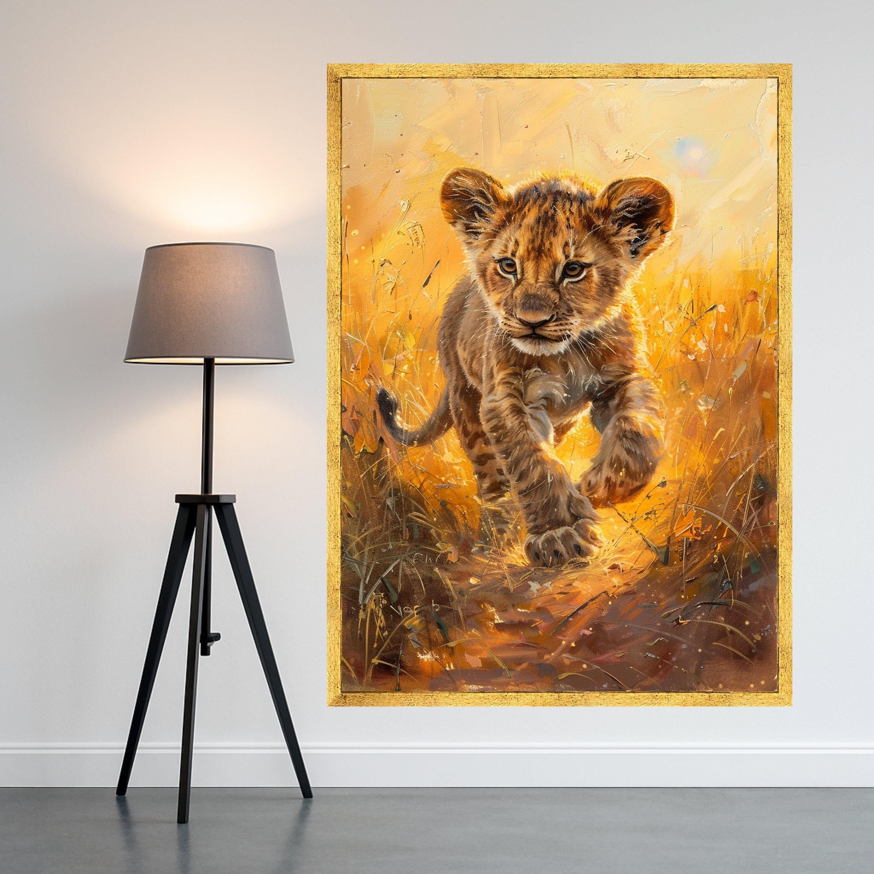 Playful Lion Cub Canvas, Wild Animal Portrait, Safari Nursery Wall Art, Golden Sunset Animal Canvas, Kids Room Decoration