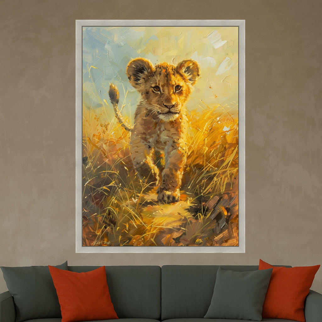 Curious Lion Cub Canvas Wall Art, Wildlife Animal Painting, Safari Nursery Decor, African Nature Canvas, Kids Room Wall Hanging