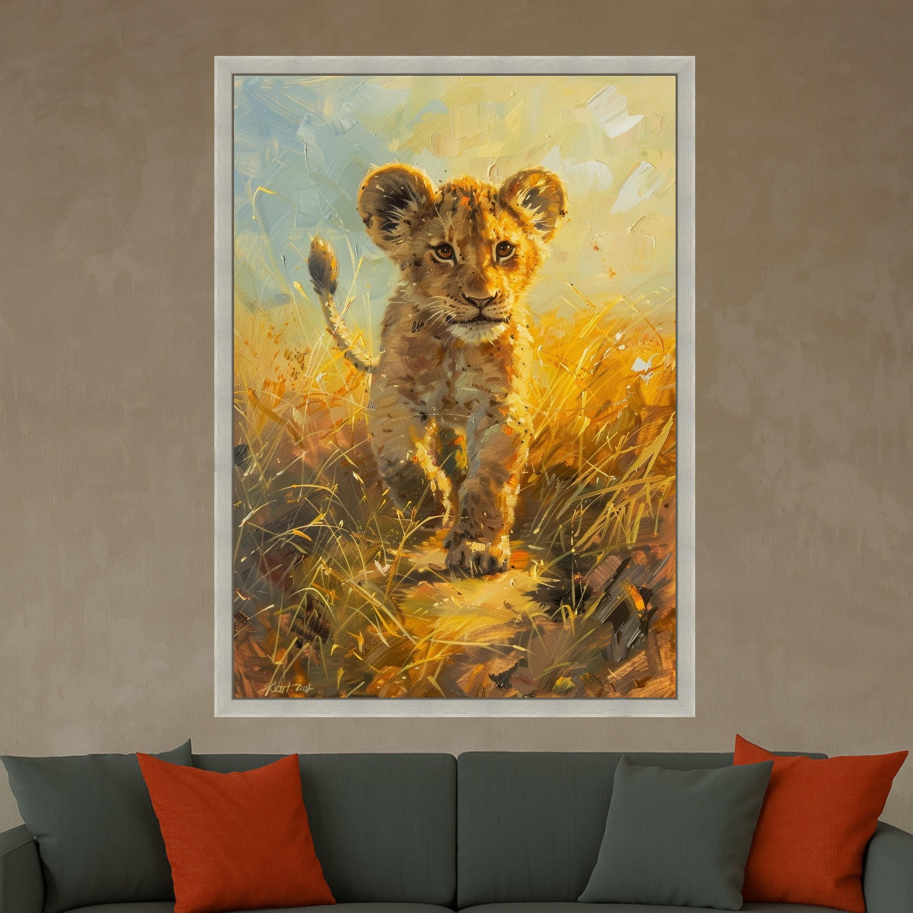 Curious Lion Cub Canvas Wall Art, Wildlife Animal Painting, Safari Nursery Decor, African Nature Canvas, Kids Room Wall Hanging