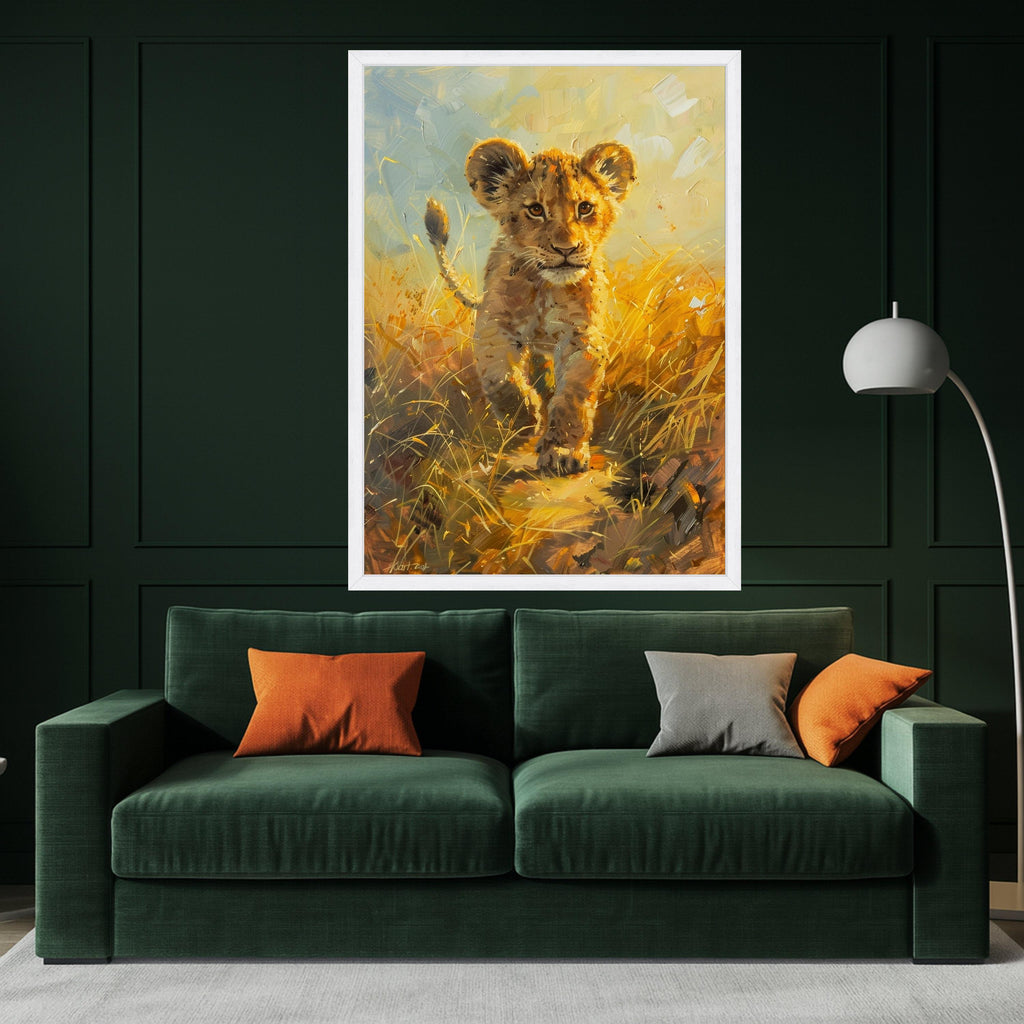 Curious Lion Cub Canvas Wall Art, Wildlife Animal Painting, Safari Nursery Decor, African Nature Canvas, Kids Room Wall Hanging