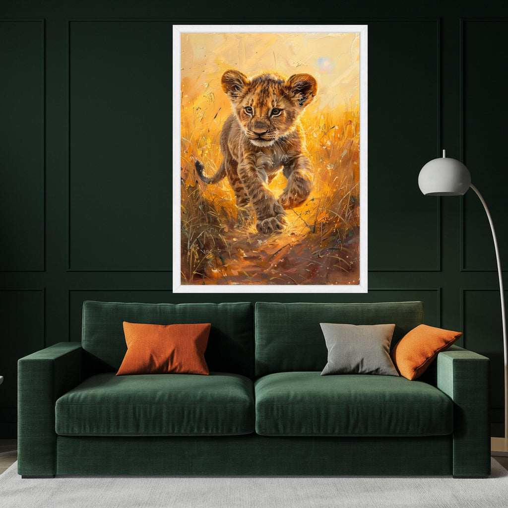 Playful Lion Cub Canvas, Wild Animal Portrait, Safari Nursery Wall Art, Golden Sunset Animal Canvas, Kids Room Decoration