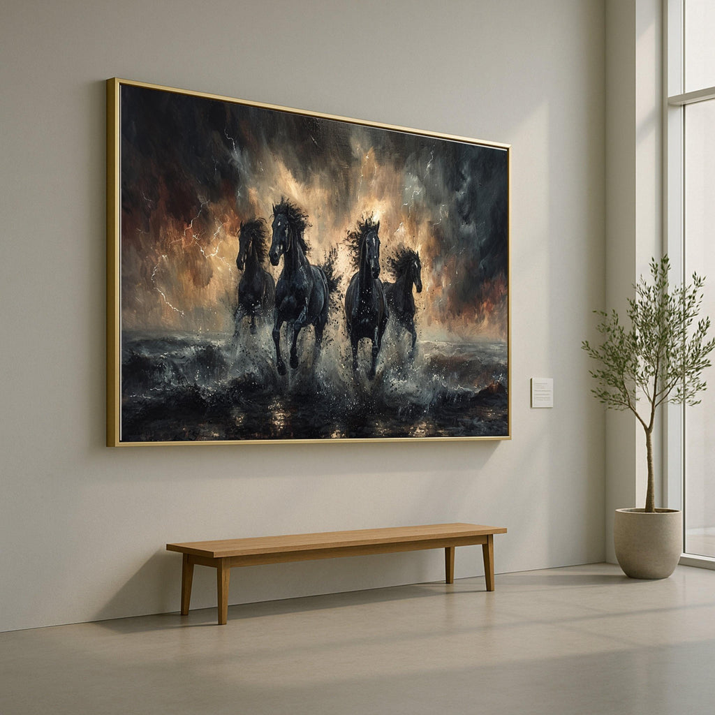 Powerful Black Horses Running Canvas, Stormy Sea Splash Wall Art, Dynamic Animal Canvas, Home Decor Equestrian Design