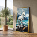 Majestic White Horse Canvas, Mountain Landscape Wall Art, Nature Scene Canvas, Serene Water and Snowy Peaks, Rustic Home Decor Print