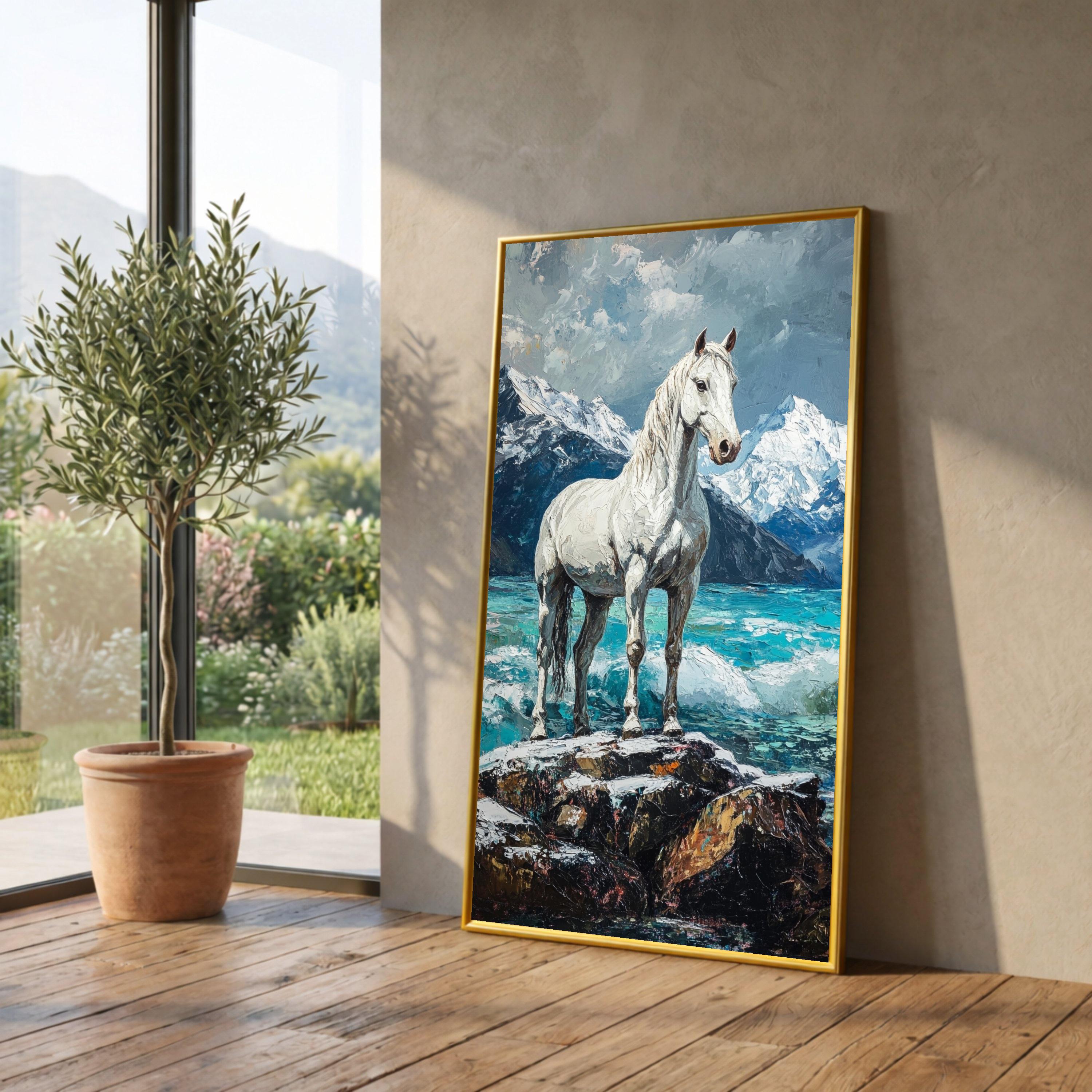Majestic White Horse Canvas, Mountain Landscape Wall Art, Nature Scene Canvas, Serene Water and Snowy Peaks, Rustic Home Decor Print