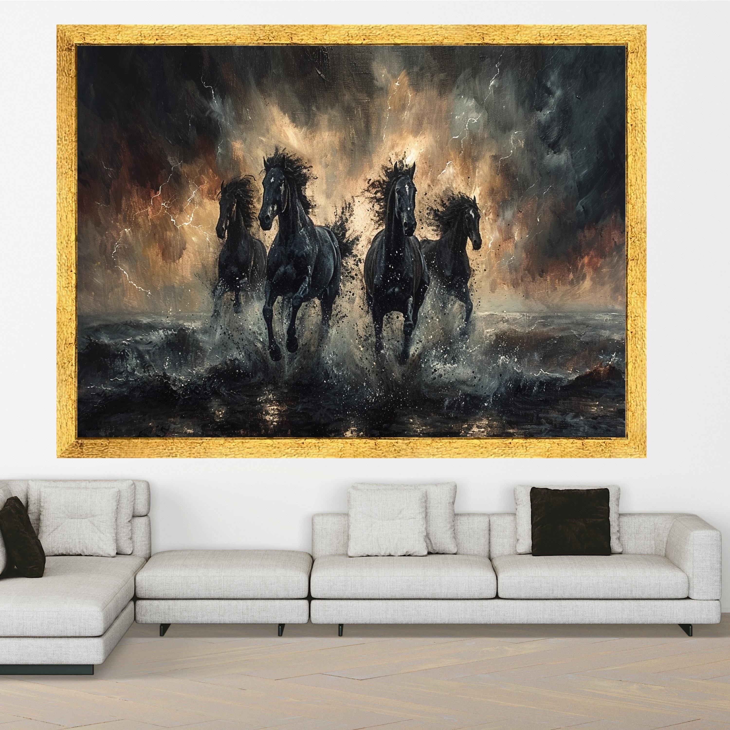 Powerful Black Horses Running Canvas, Stormy Sea Splash Wall Art, Dynamic Animal Canvas, Home Decor Equestrian Design