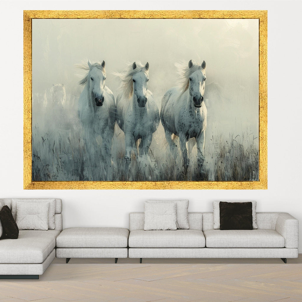 Majestic White Horses Running Canvas, Misty Morning Landscape Wall Art, Equestrian Nature Scene, Farm Animal Decorative Canvas