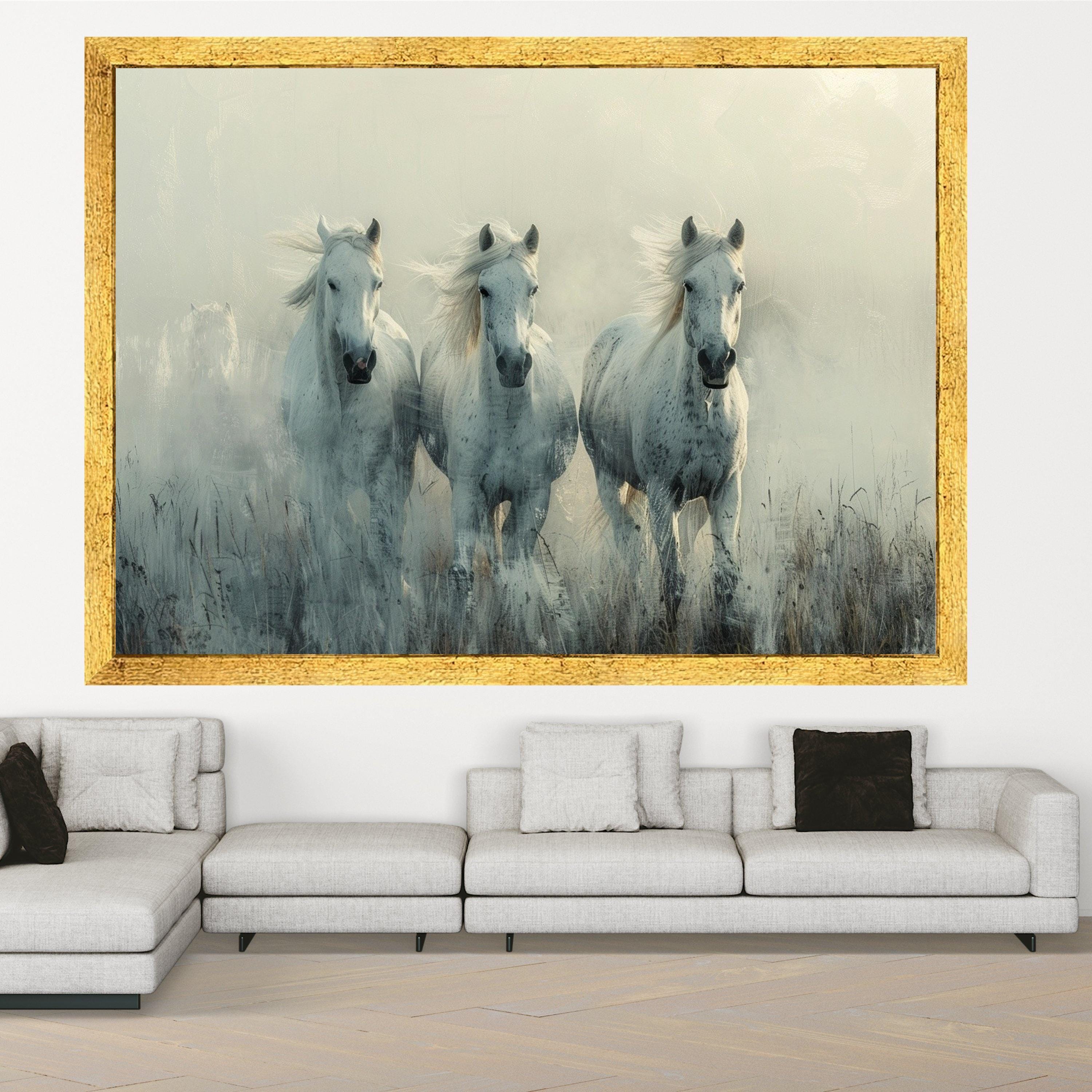 Majestic White Horses Running Canvas, Misty Morning Landscape Wall Art, Equestrian Nature Scene, Farm Animal Decorative Canvas