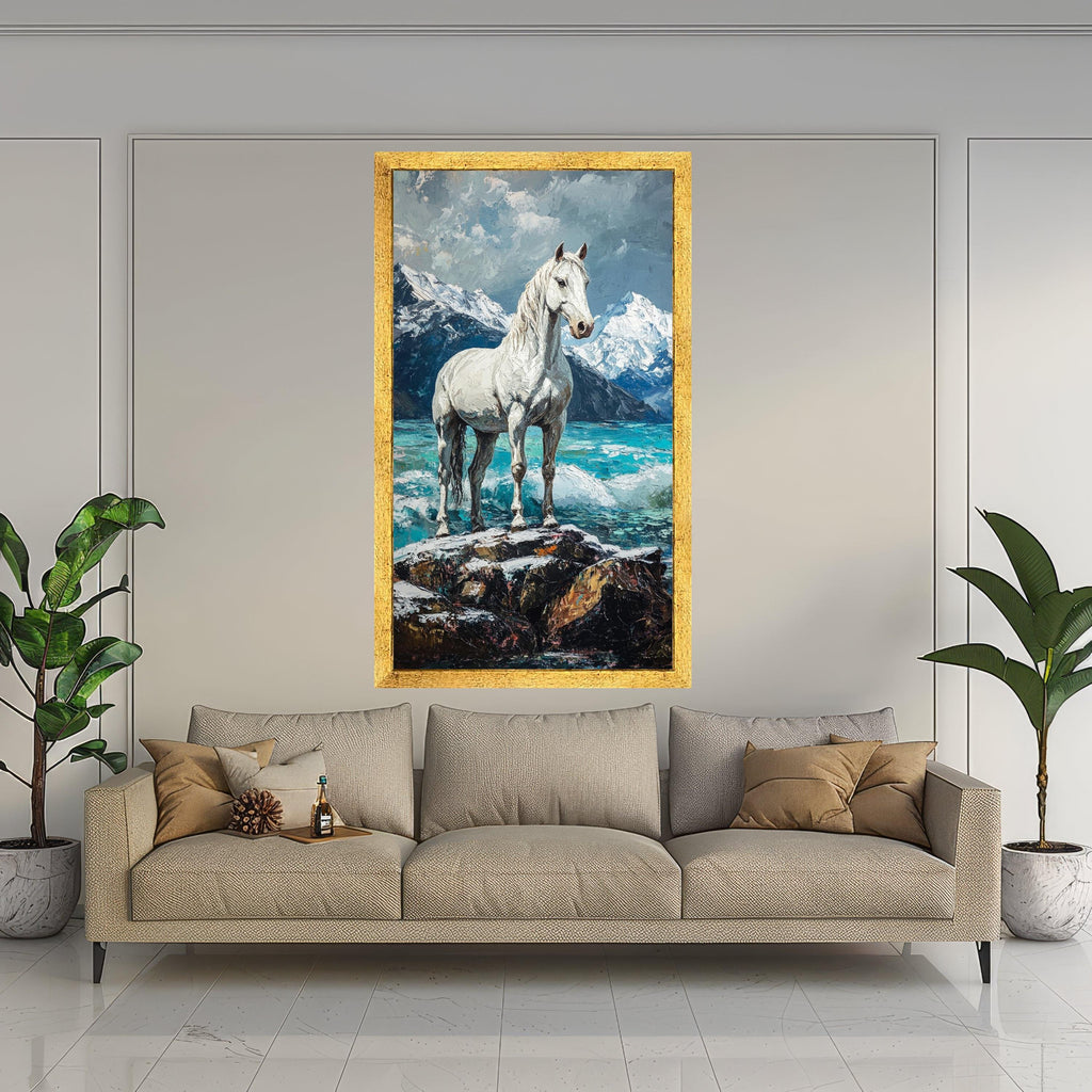 Majestic White Horse Canvas, Mountain Landscape Wall Art, Nature Scene Canvas, Serene Water and Snowy Peaks, Rustic Home Decor Print