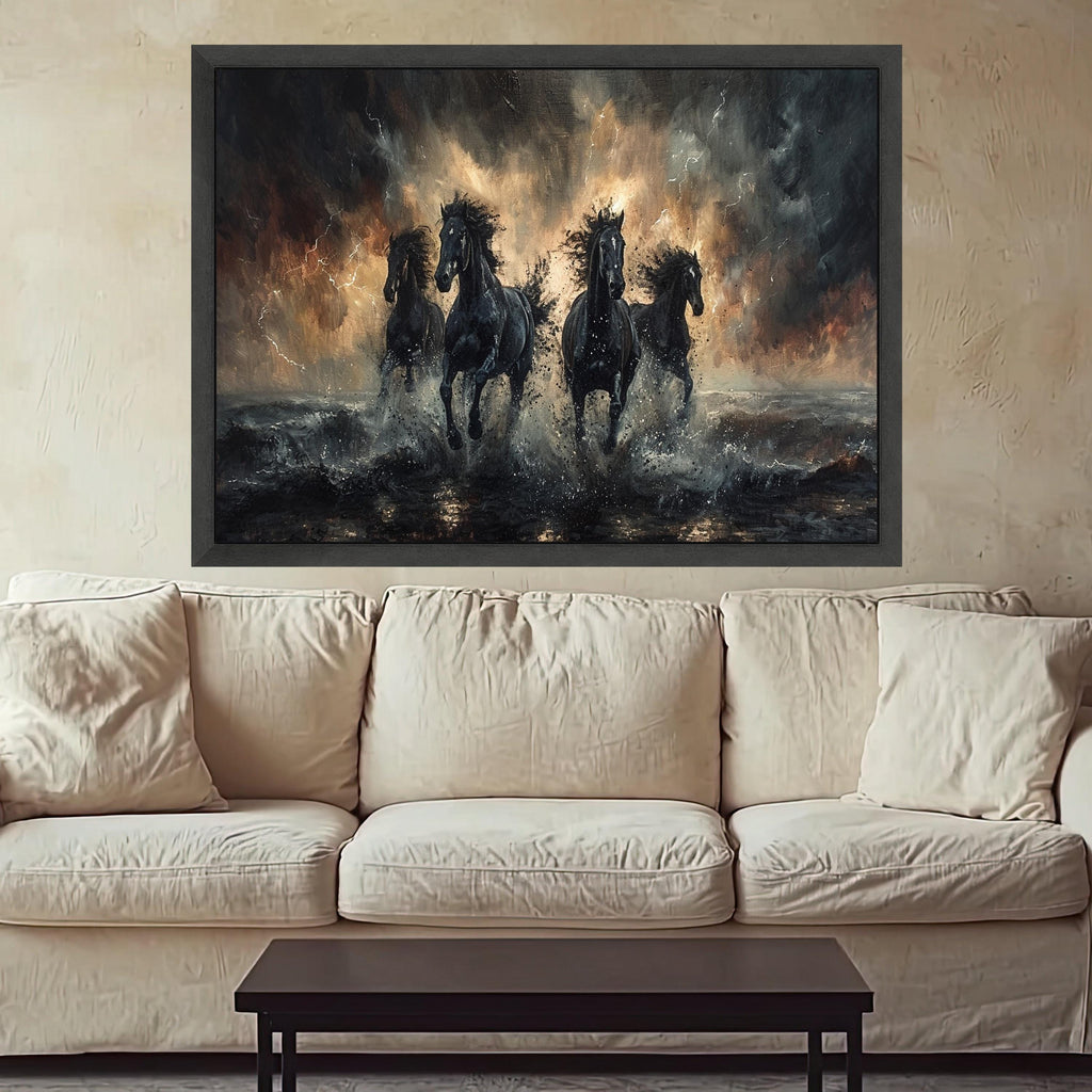 Powerful Black Horses Running Canvas, Stormy Sea Splash Wall Art, Dynamic Animal Canvas, Home Decor Equestrian Design
