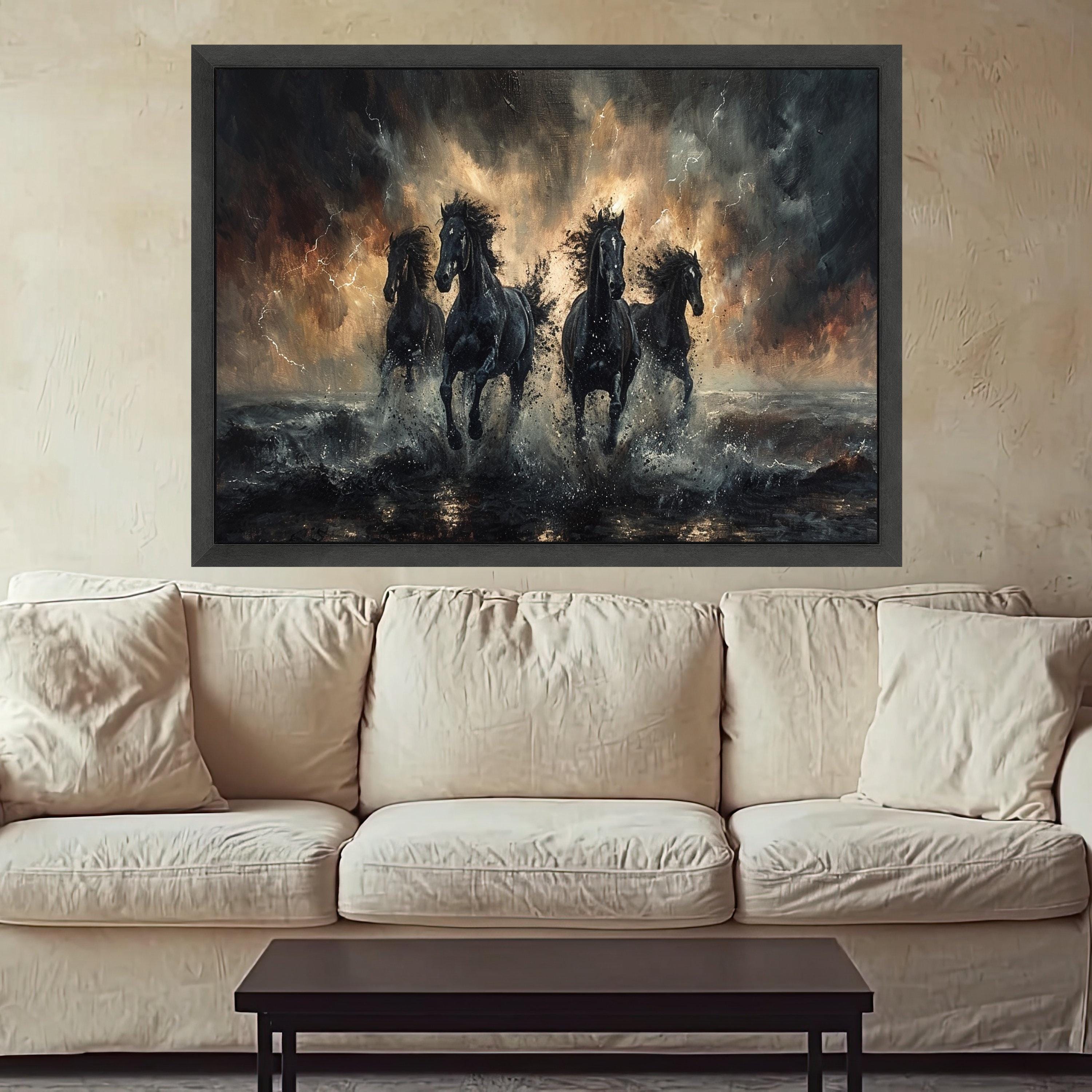 Powerful Black Horses Running Canvas, Stormy Sea Splash Wall Art, Dynamic Animal Canvas, Home Decor Equestrian Design