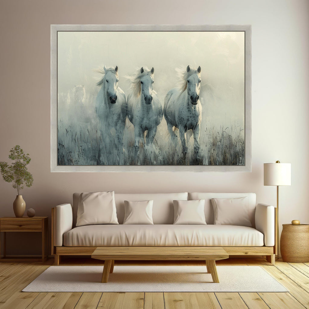 Majestic White Horses Running Canvas, Misty Morning Landscape Wall Art, Equestrian Nature Scene, Farm Animal Decorative Canvas