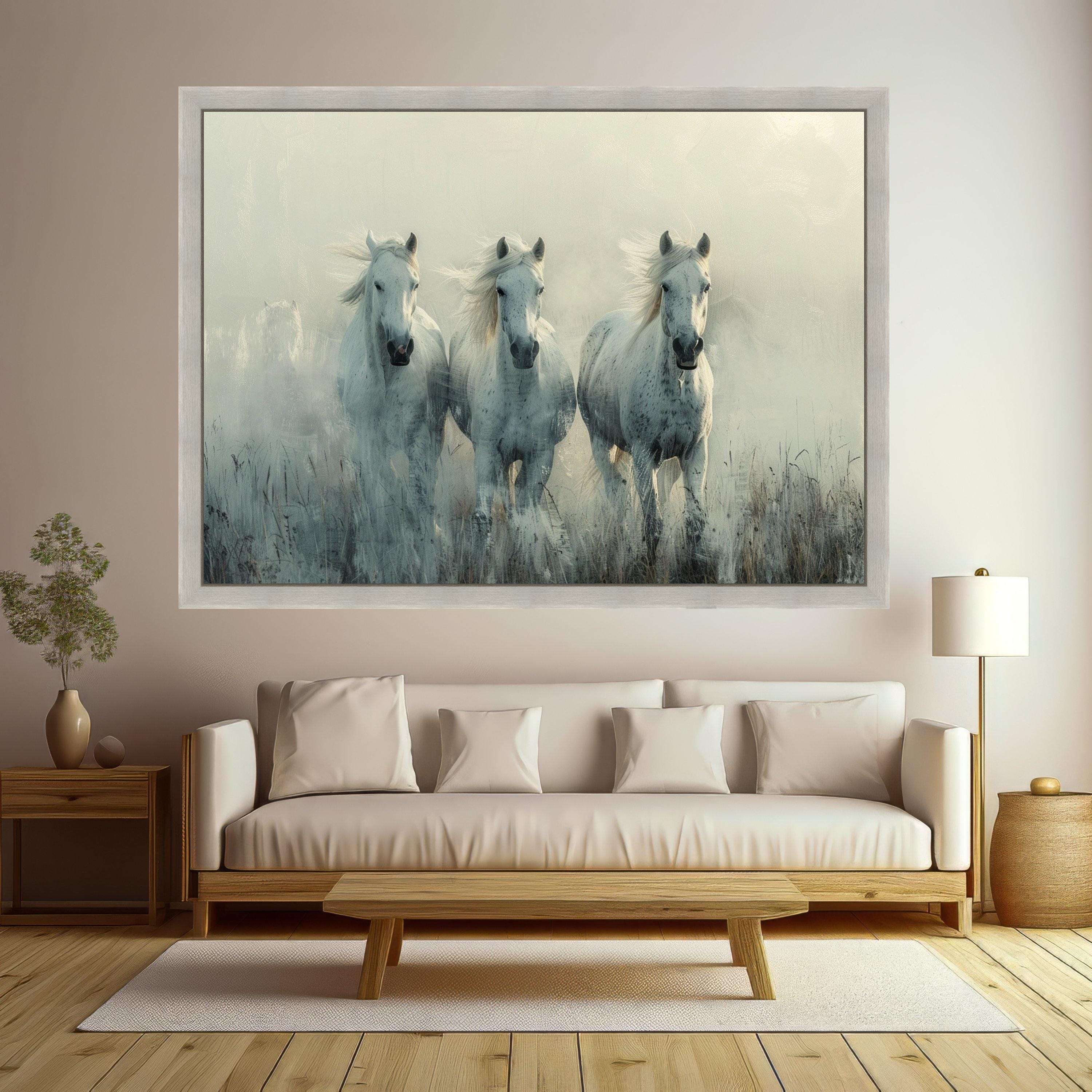 Majestic White Horses Running Canvas, Misty Morning Landscape Wall Art, Equestrian Nature Scene, Farm Animal Decorative Canvas