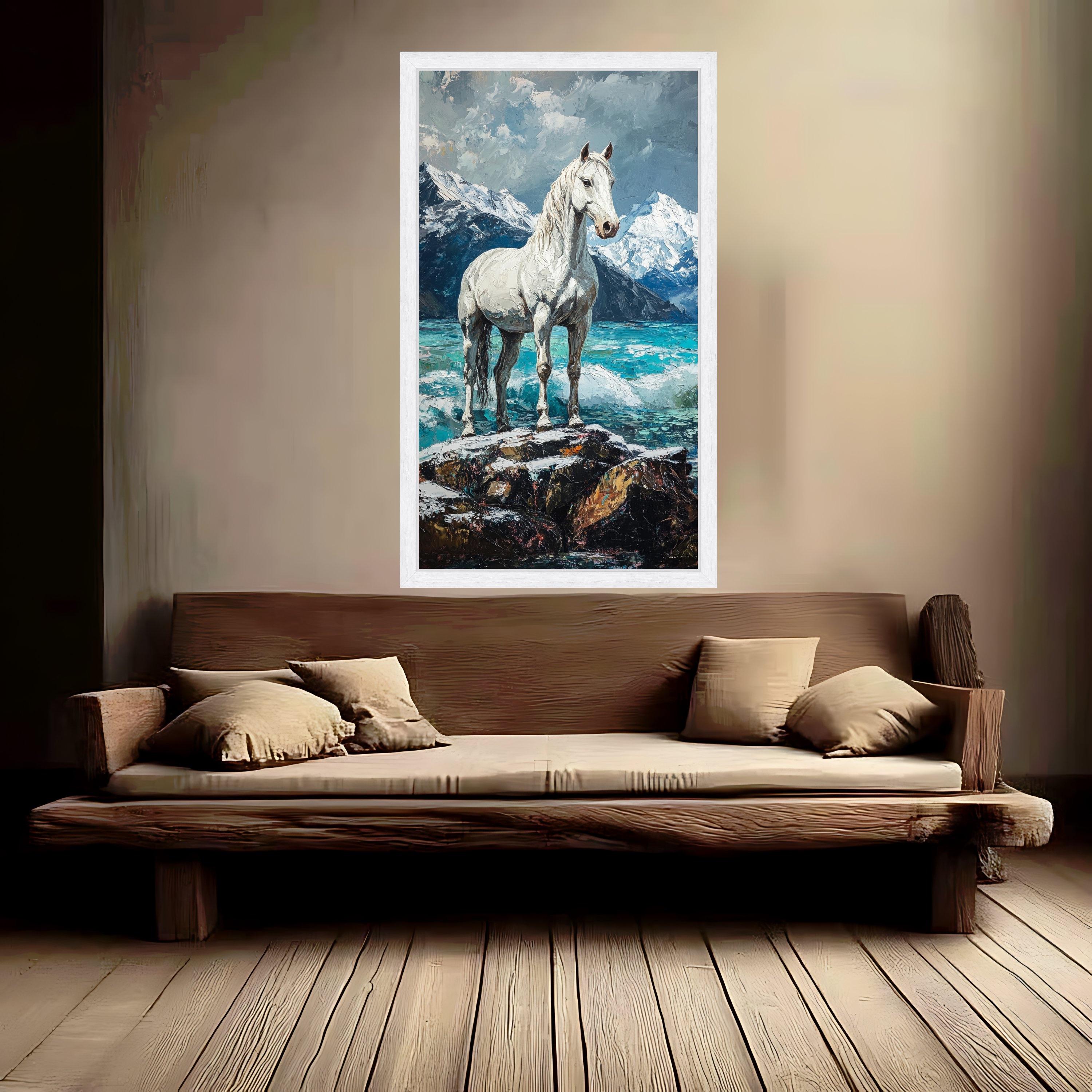 Majestic White Horse Canvas, Mountain Landscape Wall Art, Nature Scene Canvas, Serene Water and Snowy Peaks, Rustic Home Decor Print