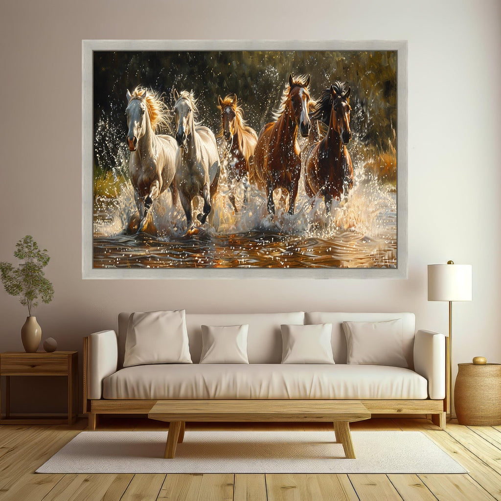 Galloping Horses in Water Splash, Wild Animal Canvas Wall Art, Dynamic Nature Scene, Equestrian Home Decoration Canvas