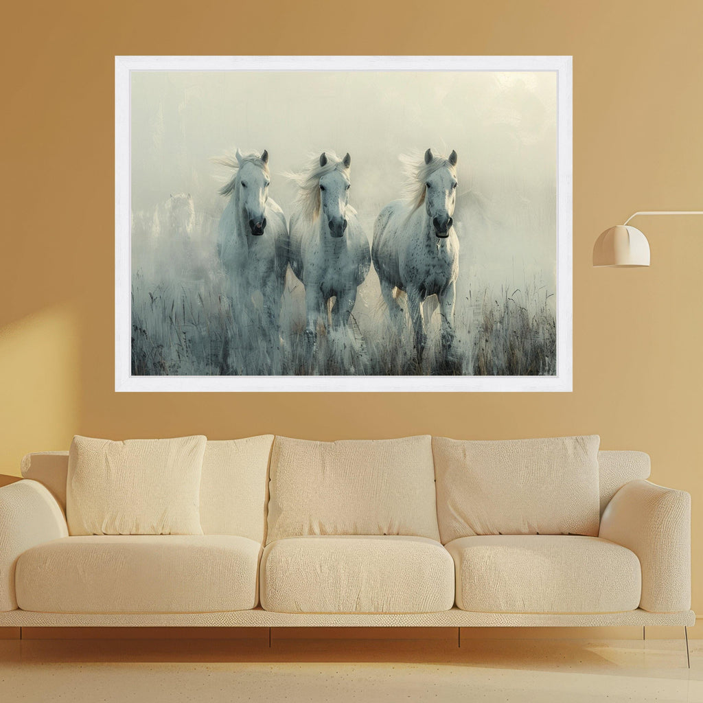 Majestic White Horses Running Canvas, Misty Morning Landscape Wall Art, Equestrian Nature Scene, Farm Animal Decorative Canvas