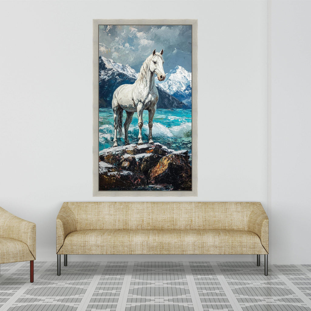 Majestic White Horse Canvas, Mountain Landscape Wall Art, Nature Scene Canvas, Serene Water and Snowy Peaks, Rustic Home Decor Print