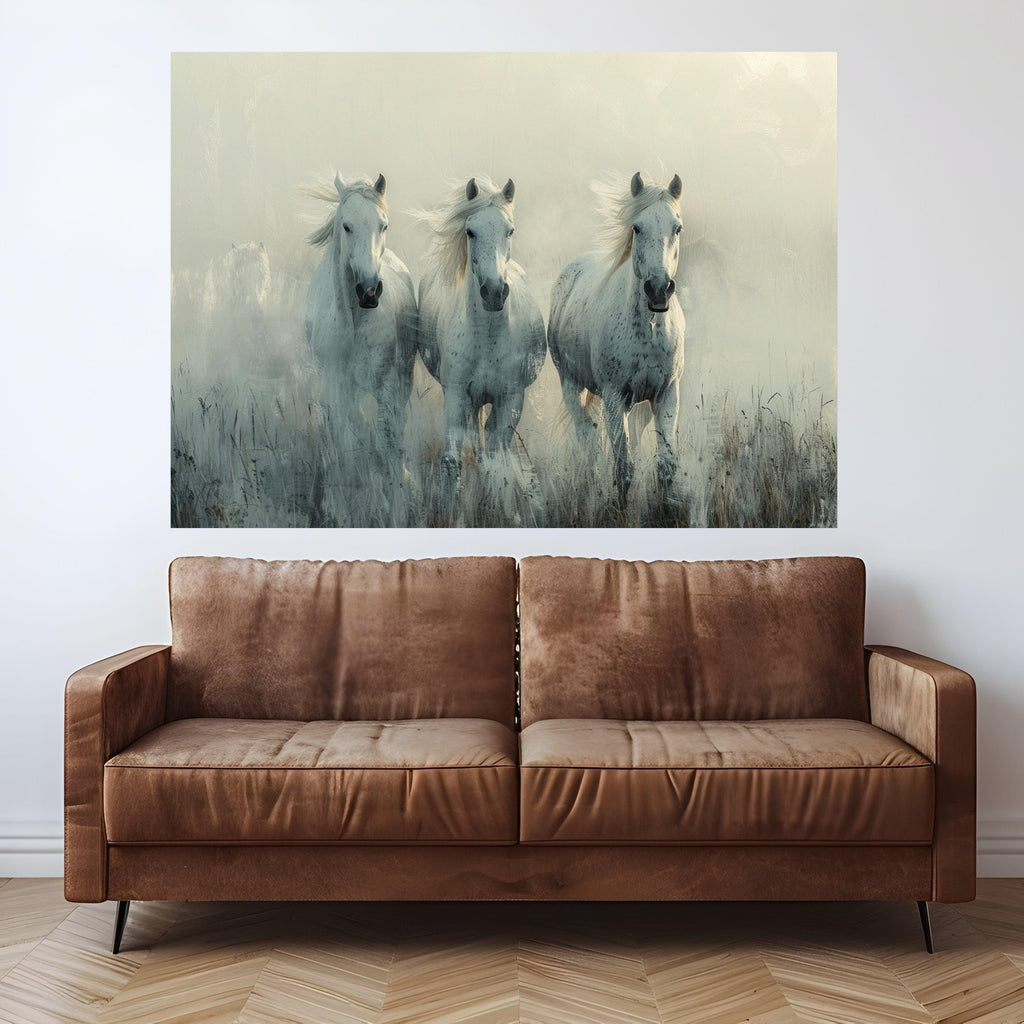Majestic White Horses Running Canvas, Misty Morning Landscape Wall Art, Equestrian Nature Scene, Farm Animal Decorative Canvas
