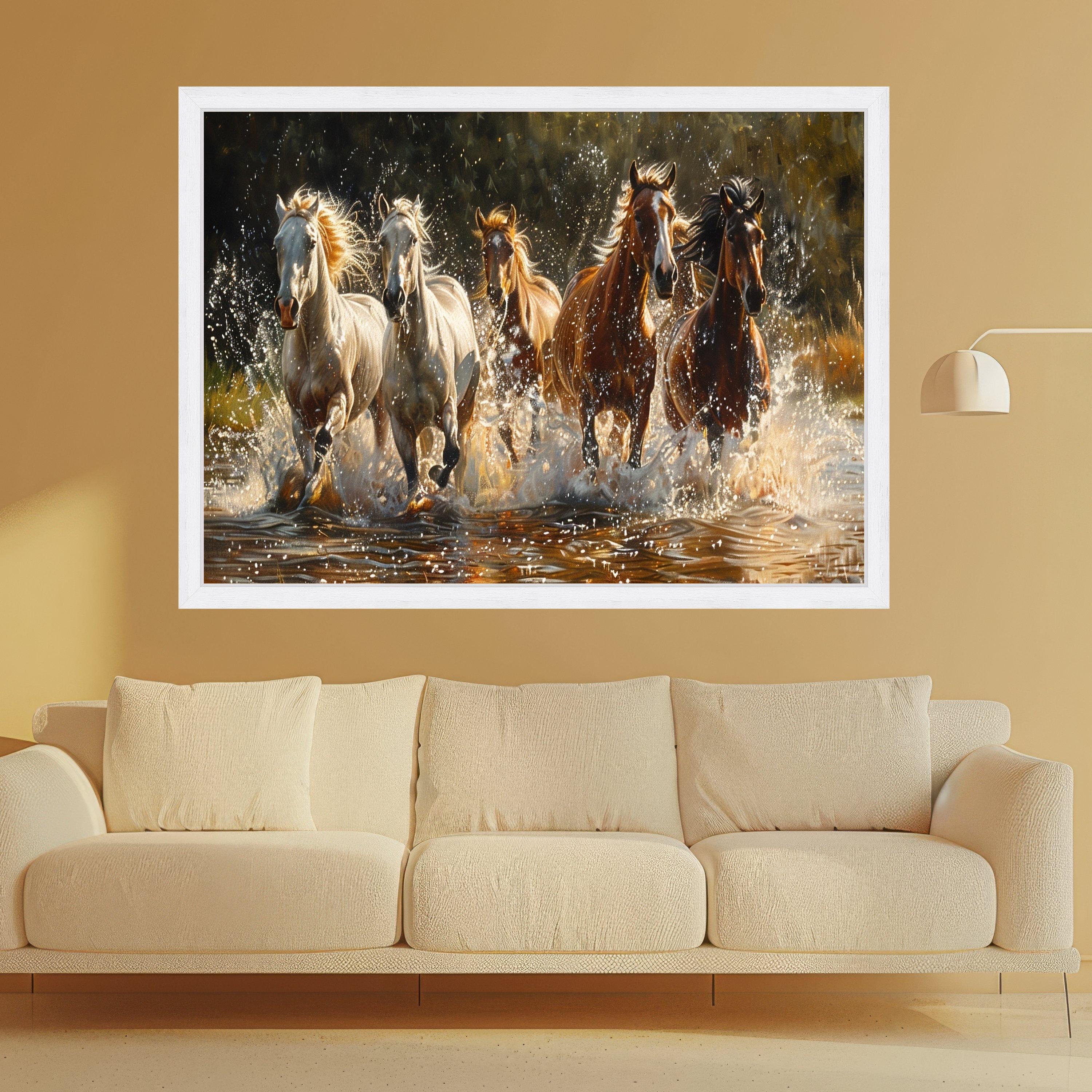 Galloping Horses in Water Splash, Wild Animal Canvas Wall Art, Dynamic Nature Scene, Equestrian Home Decoration Canvas