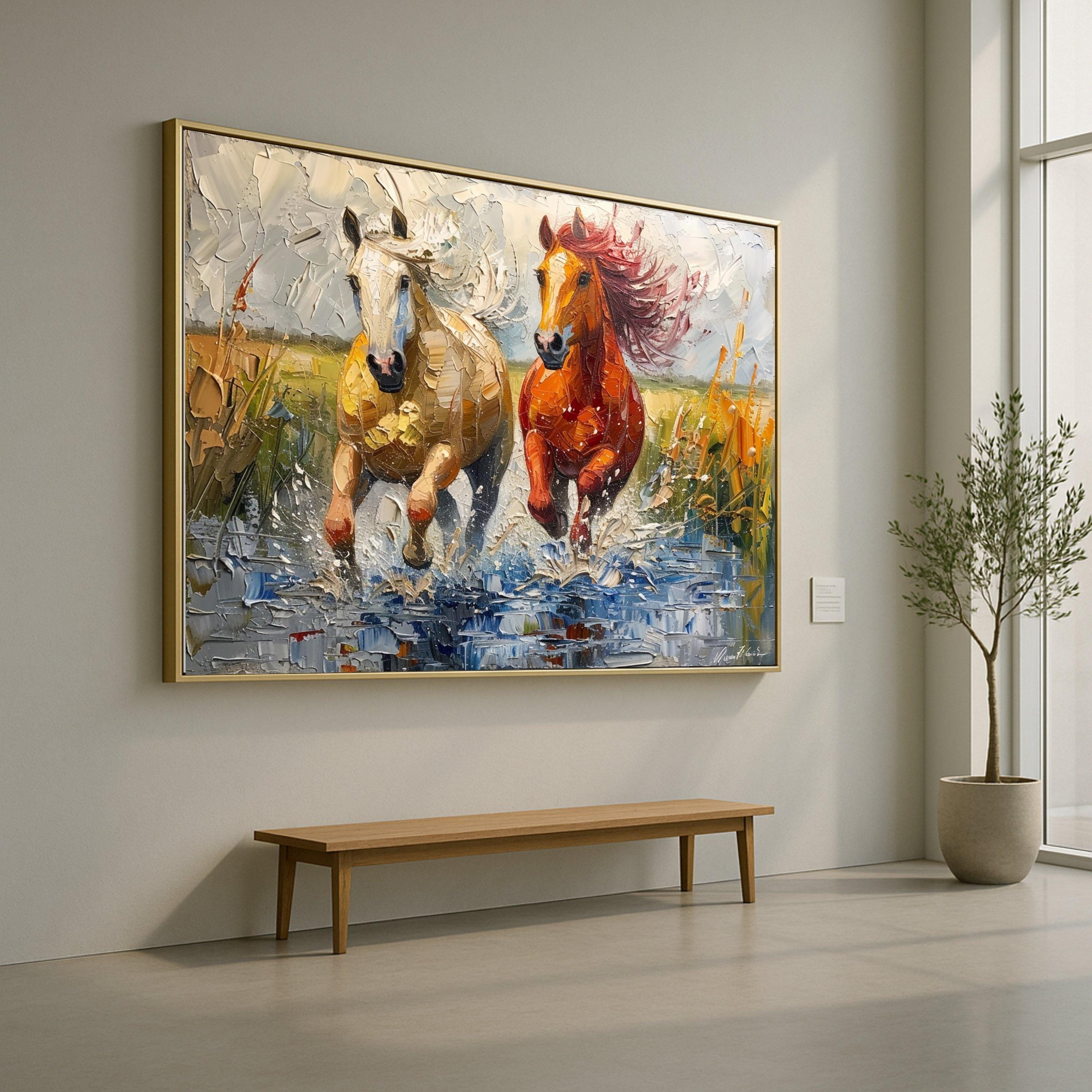Running Horses Canvas Wall Art, Dynamic Animal Painting, Splashing Water Scene, Rustic Home Decoration, Nature Wildlife Canvas
