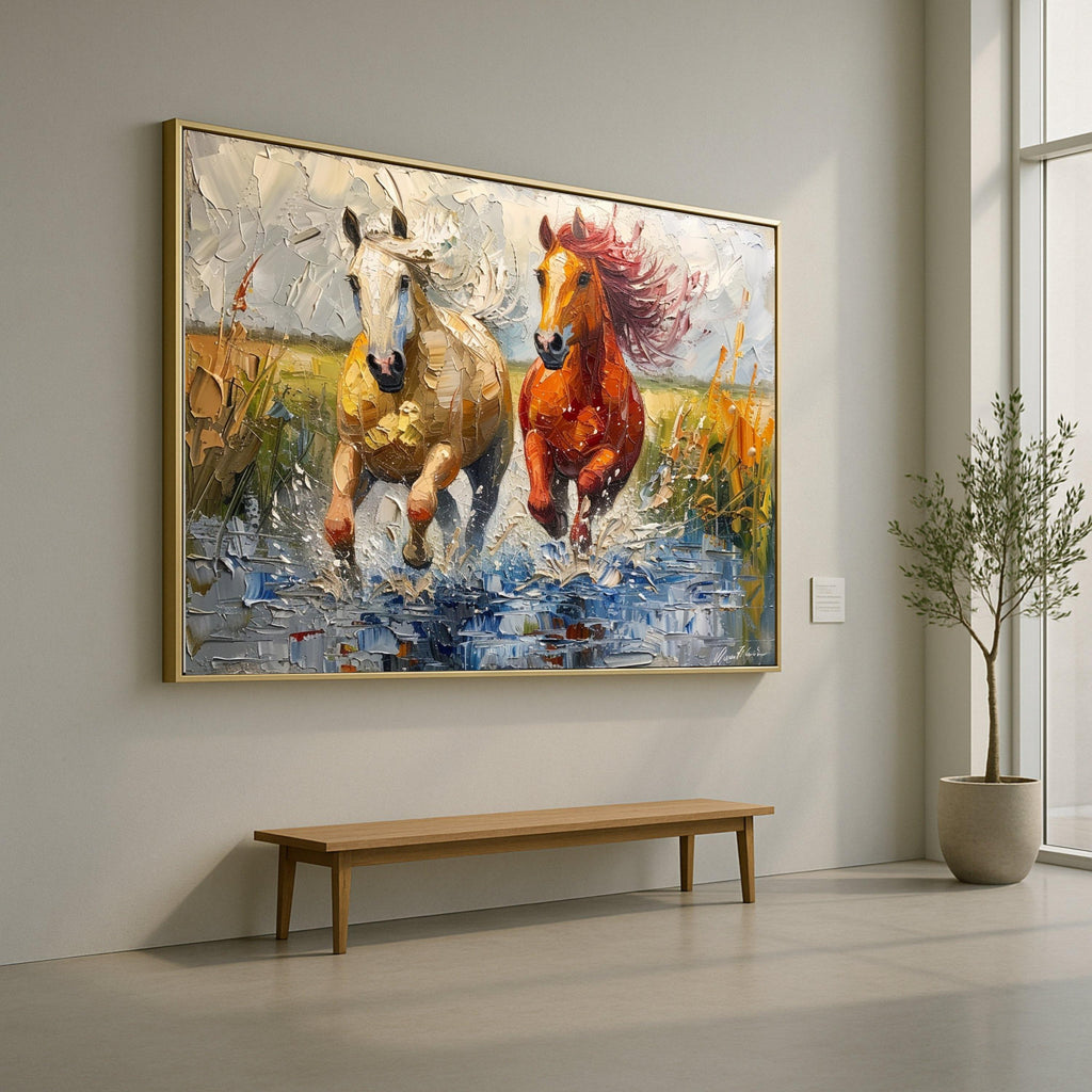 Running Horses Canvas Wall Art, Dynamic Animal Painting, Splashing Water Scene, Rustic Home Decoration, Nature Wildlife Canvas