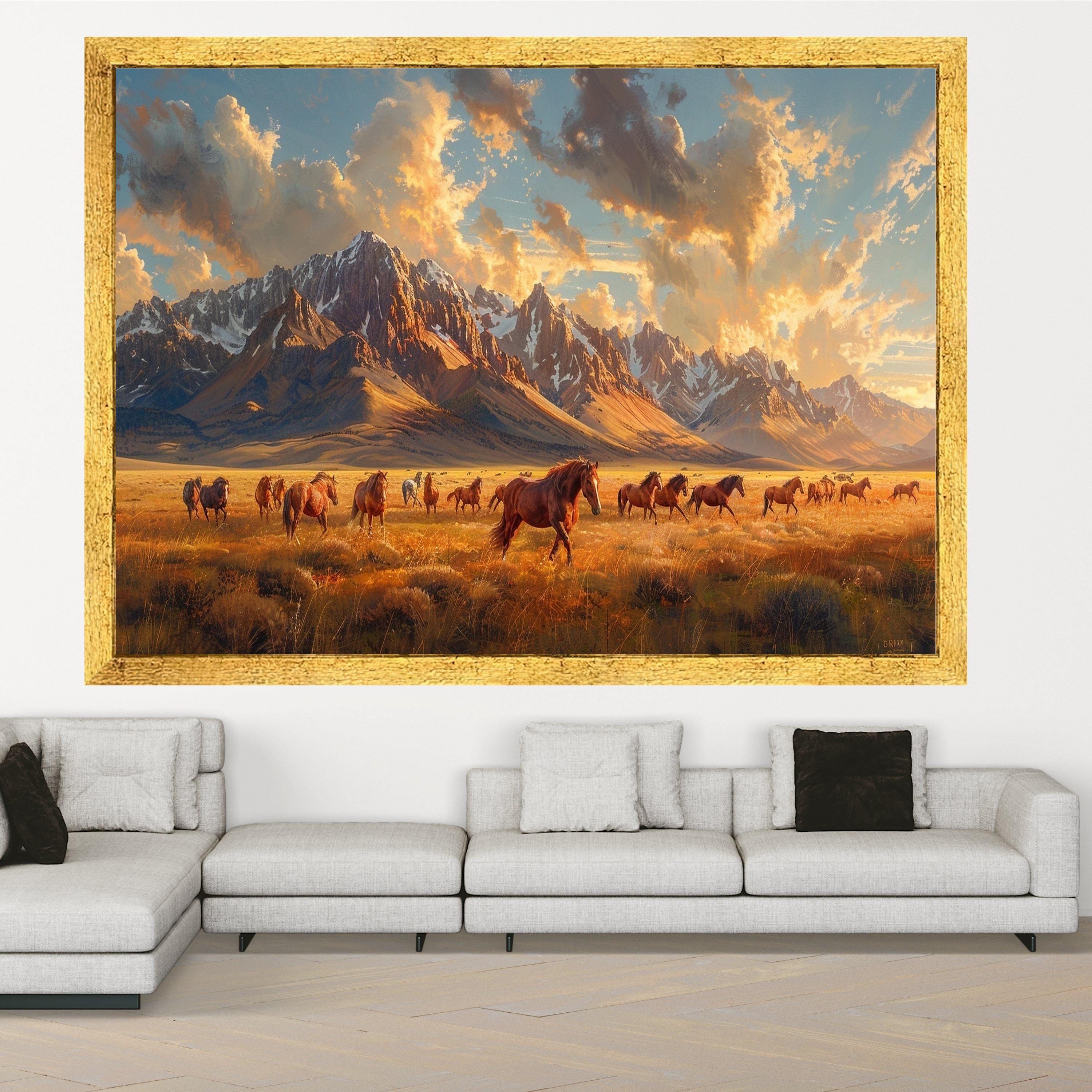 Majestic Wild Horses Galloping, Mountain Landscape Canvas, Sunset Prairie Wall Art, Scenic Nature Decoration, Rural Outdoors Canvas