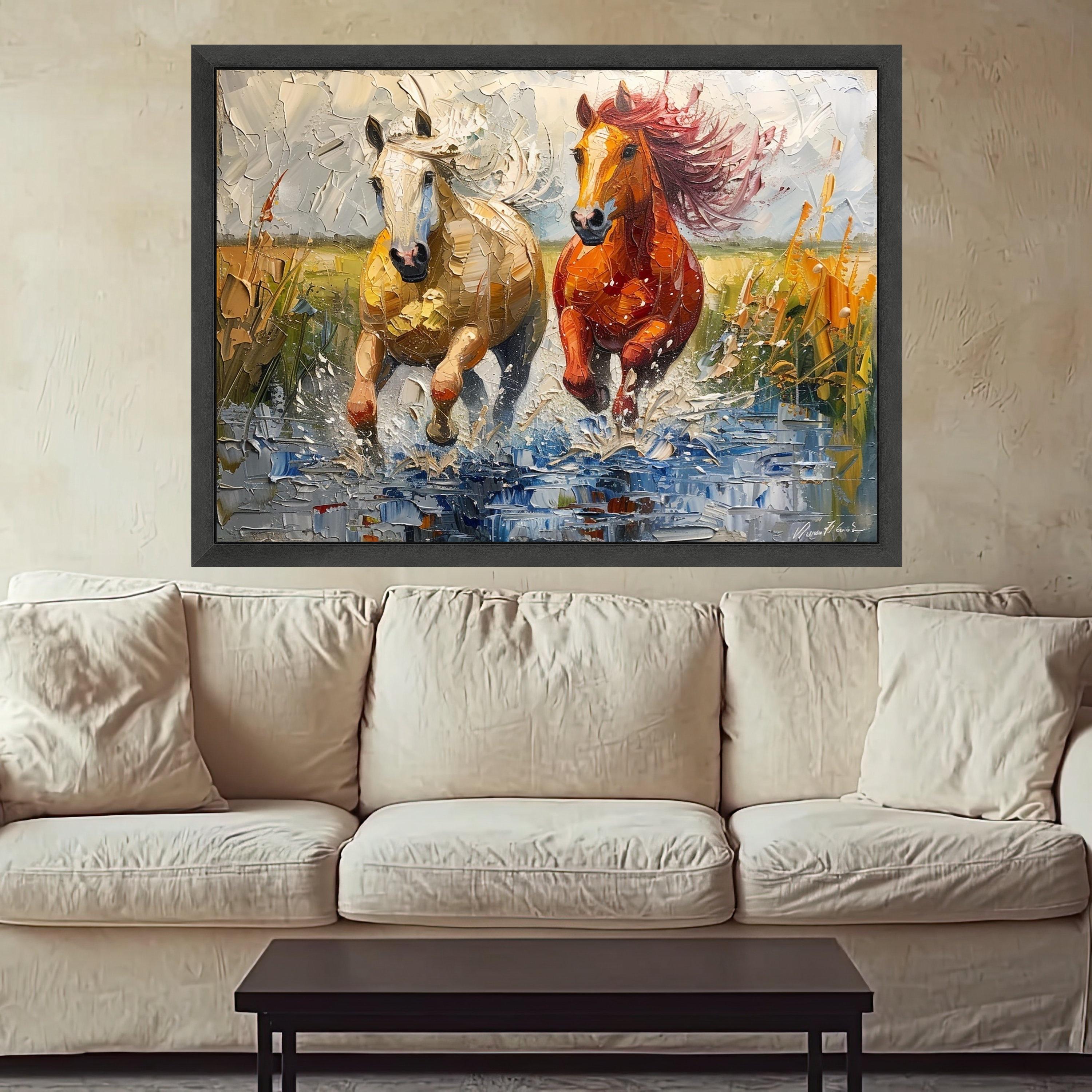 Running Horses Canvas Wall Art, Dynamic Animal Painting, Splashing Water Scene, Rustic Home Decoration, Nature Wildlife Canvas