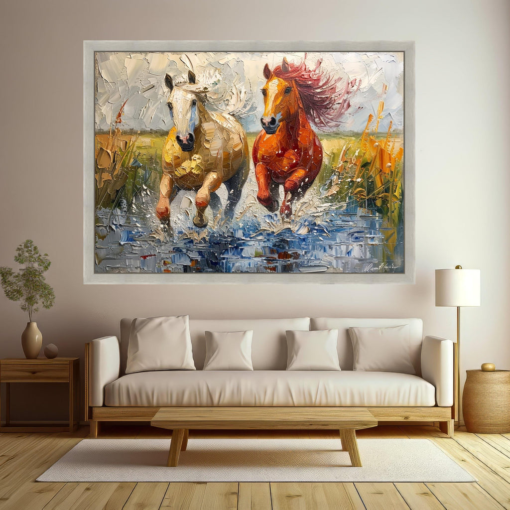 Running Horses Canvas Wall Art, Dynamic Animal Painting, Splashing Water Scene, Rustic Home Decoration, Nature Wildlife Canvas