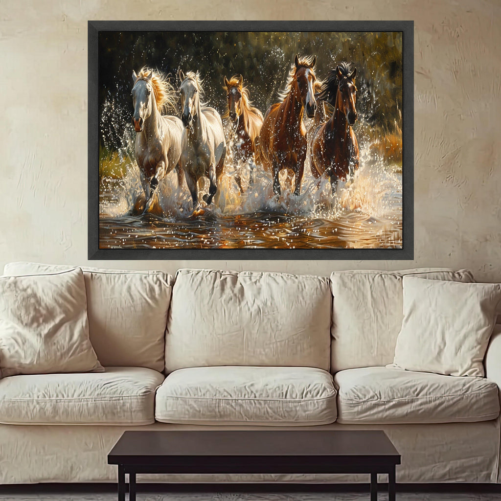Galloping Horses Canvas Wall Art, Running Wild Horses, Nature Animal Canvas, Water Splashing Art, Equestrian Home Decor