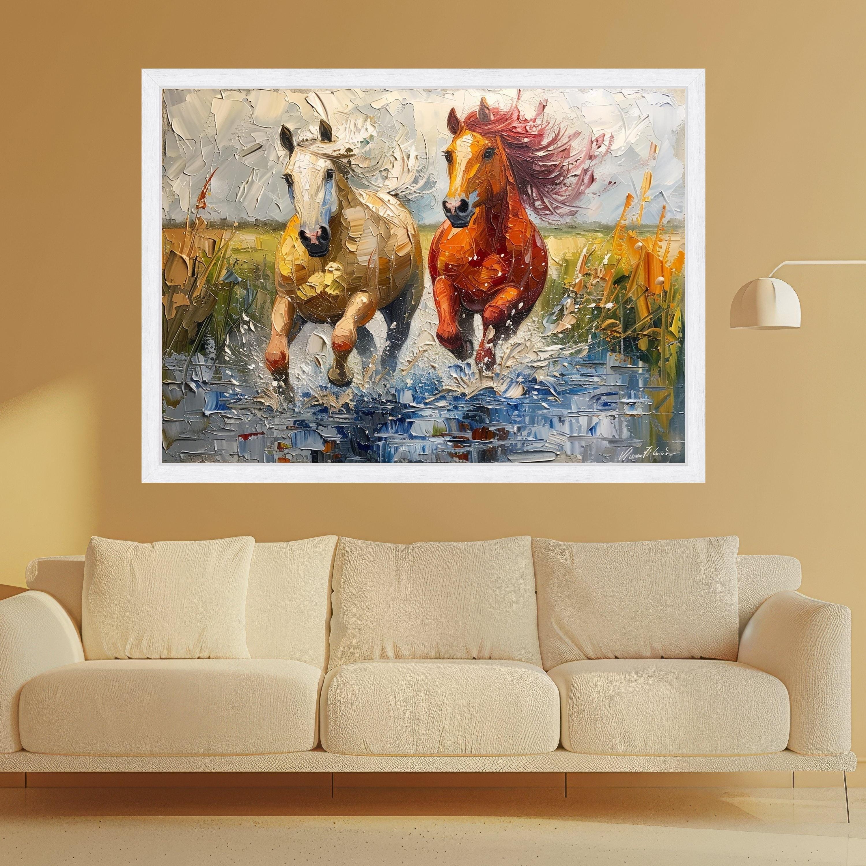 Running Horses Canvas Wall Art, Dynamic Animal Painting, Splashing Water Scene, Rustic Home Decoration, Nature Wildlife Canvas