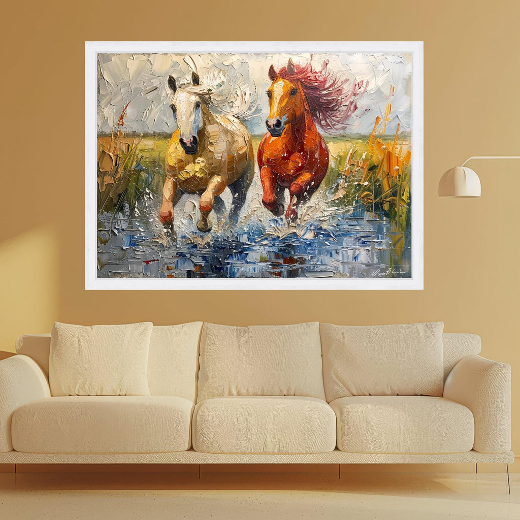 Running Horses Canvas Wall Art, Dynamic Animal Painting, Splashing Water Scene, Rustic Home Decoration, Nature Wildlife Canvas