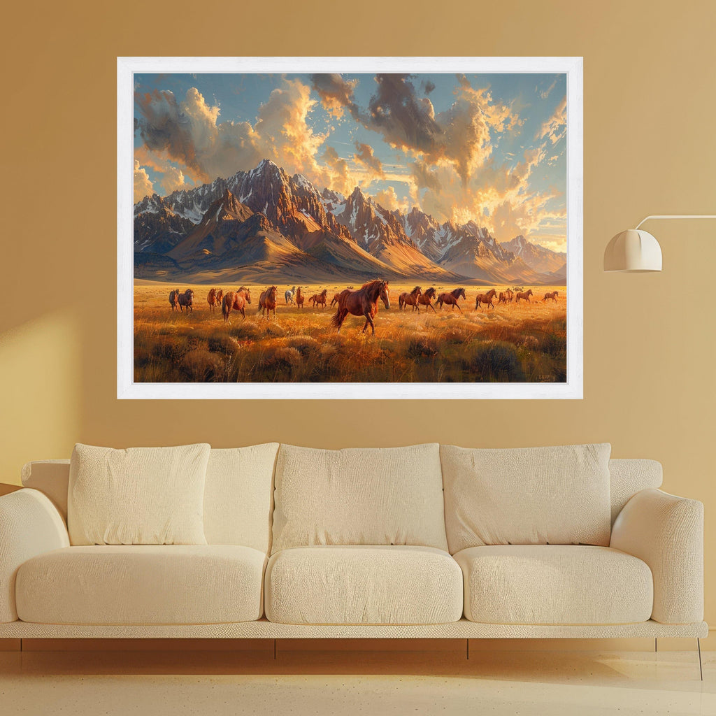 Majestic Wild Horses Galloping, Mountain Landscape Canvas, Sunset Prairie Wall Art, Scenic Nature Decoration, Rural Outdoors Canvas
