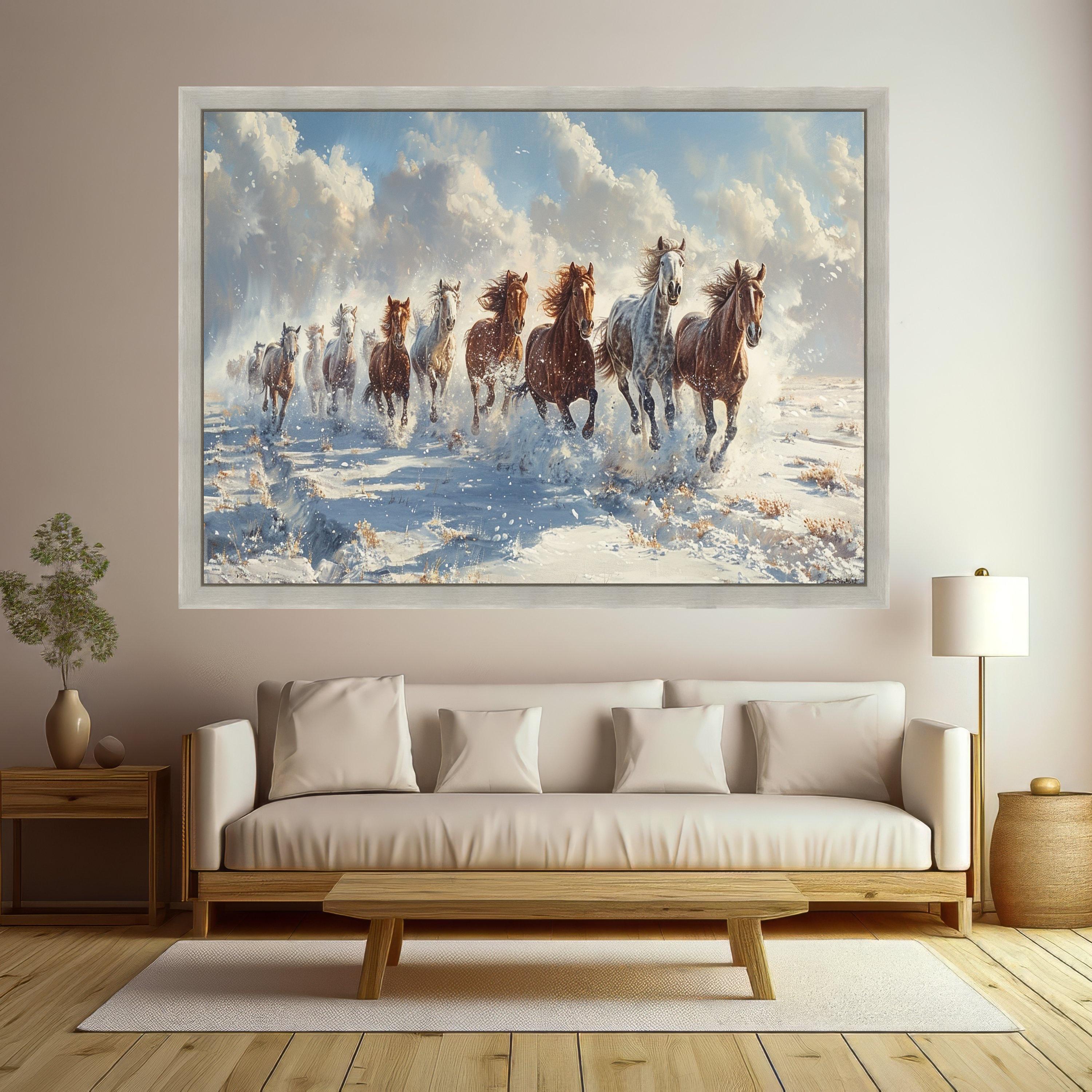 Wild Horses Running in Snow Canvas, Winter Landscape Wall Art, Nature Animal Scene Canvas, Dynamic Horse Print, Home Decor Artwork
