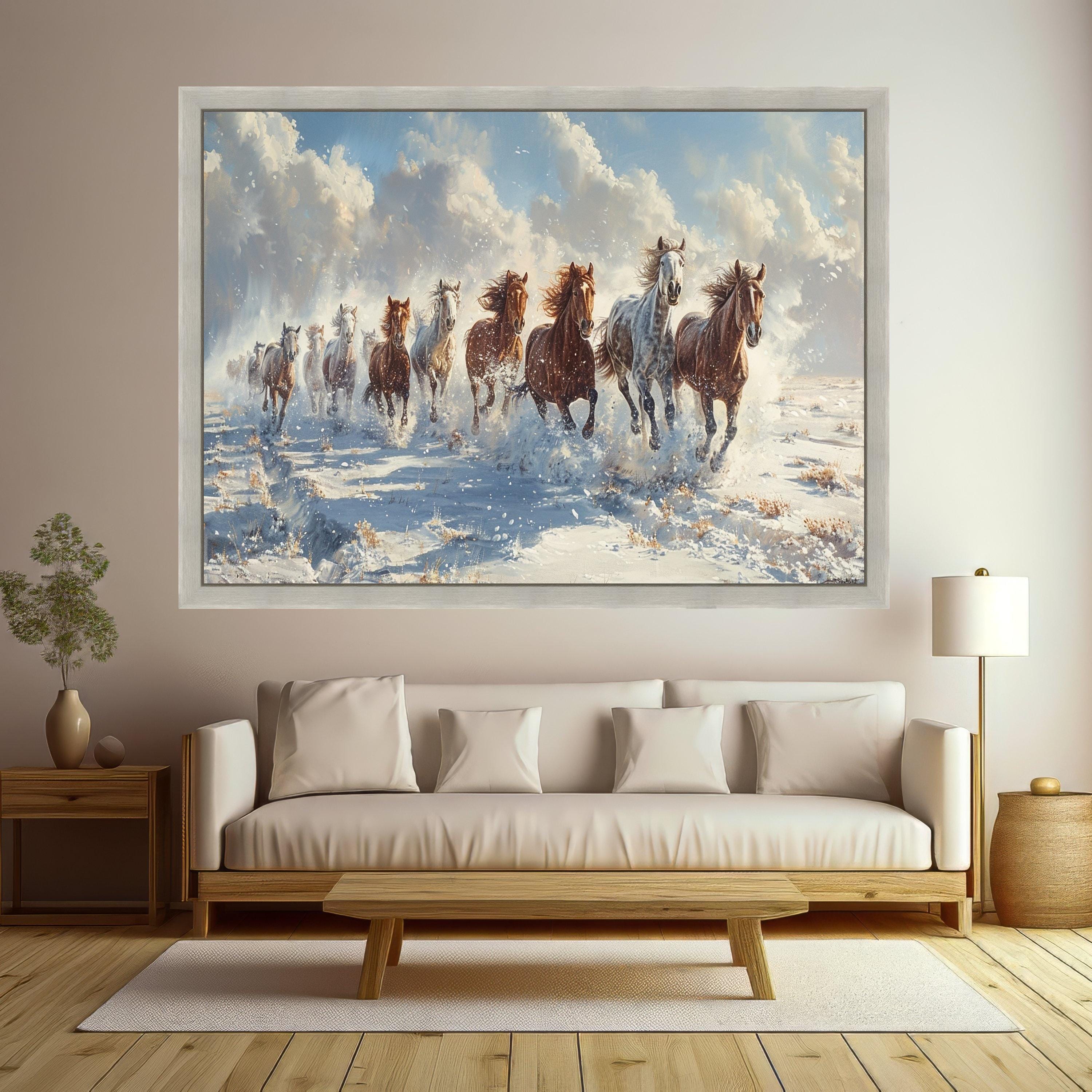 Wild Horses Running in Snow Canvas, Winter Landscape Wall Art, Nature Animal Scene Canvas, Dynamic Horse Print, Home Decor Artwork