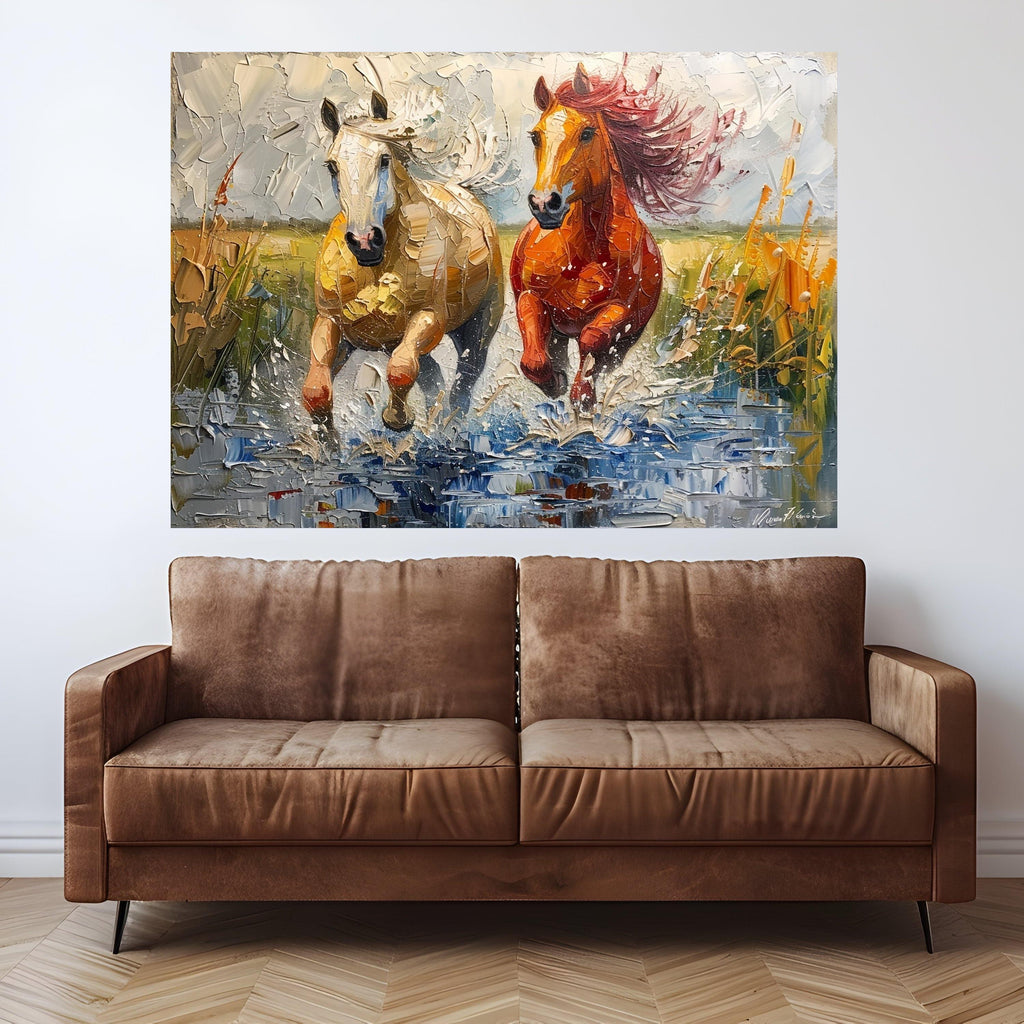 Running Horses Canvas Wall Art, Dynamic Animal Painting, Splashing Water Scene, Rustic Home Decoration, Nature Wildlife Canvas